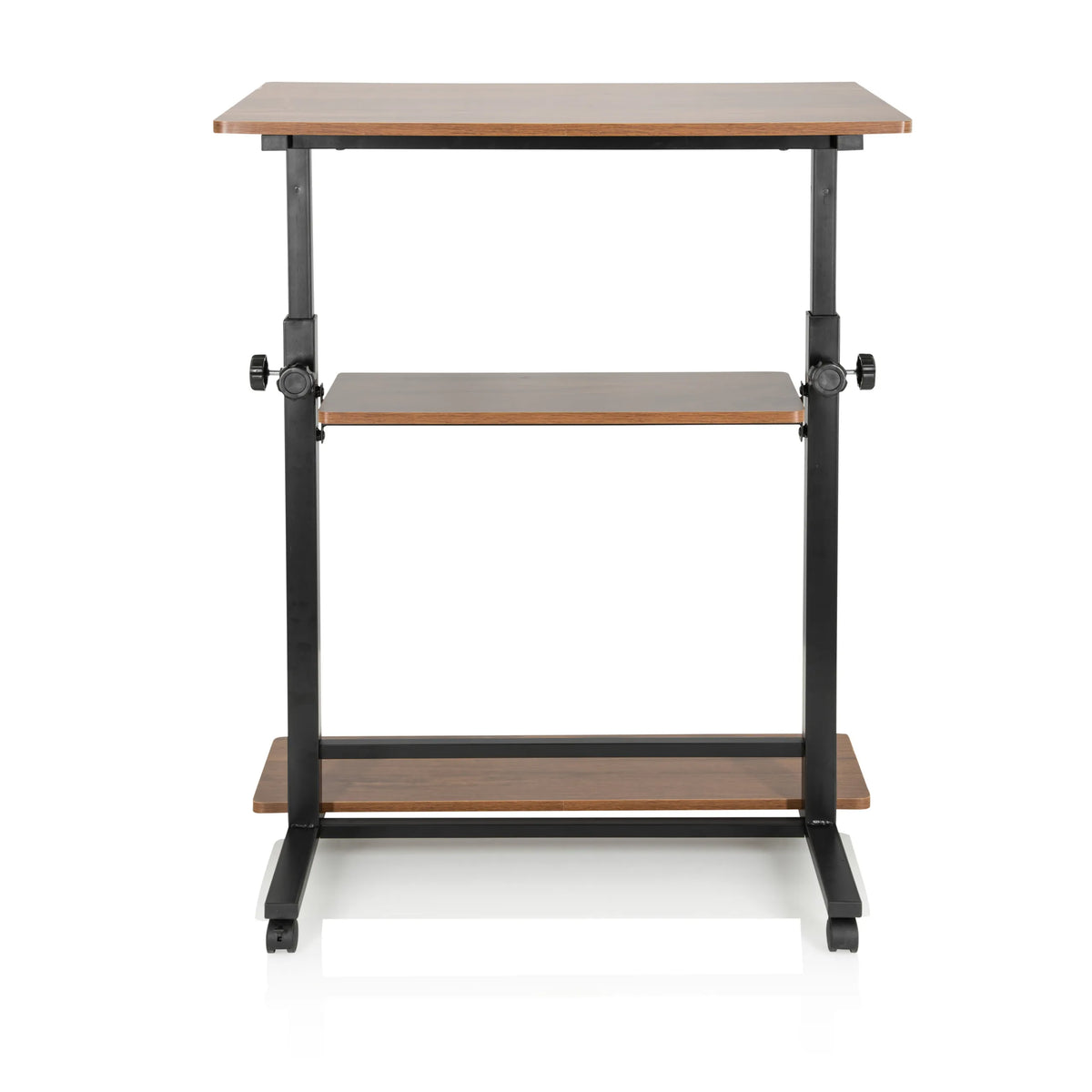 Ståskrivebord WORKSTATION II i sort valnød med to hylder og hjul fra hjh OFFICE – 360-graders visning (forfra 0°)