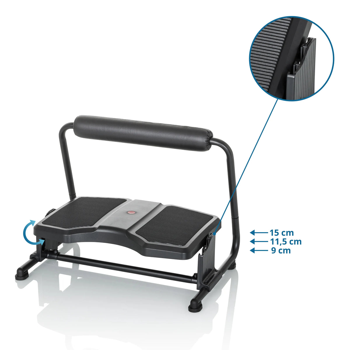 Højdejustering i tre trin med 9 cm, 11,5 cm og 15 cm for Fodstøtte PODI F fra hjh OFFICE