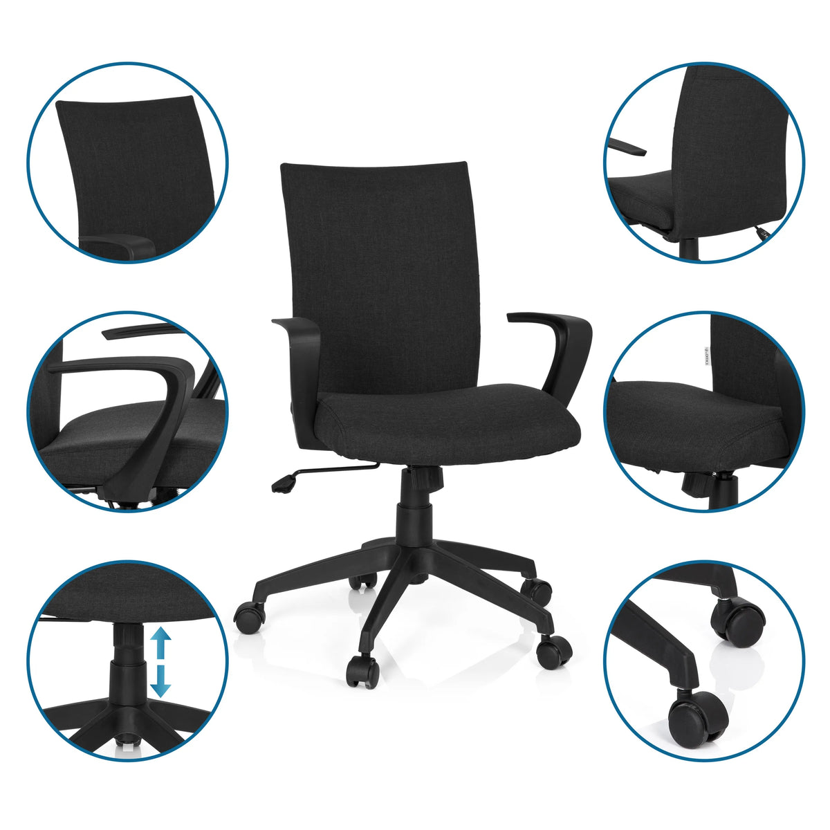 Home Office kontorstol SOFT i sort med detaljevisninger af armlæn, gasfjeder og hjul fra hjh OFFICE