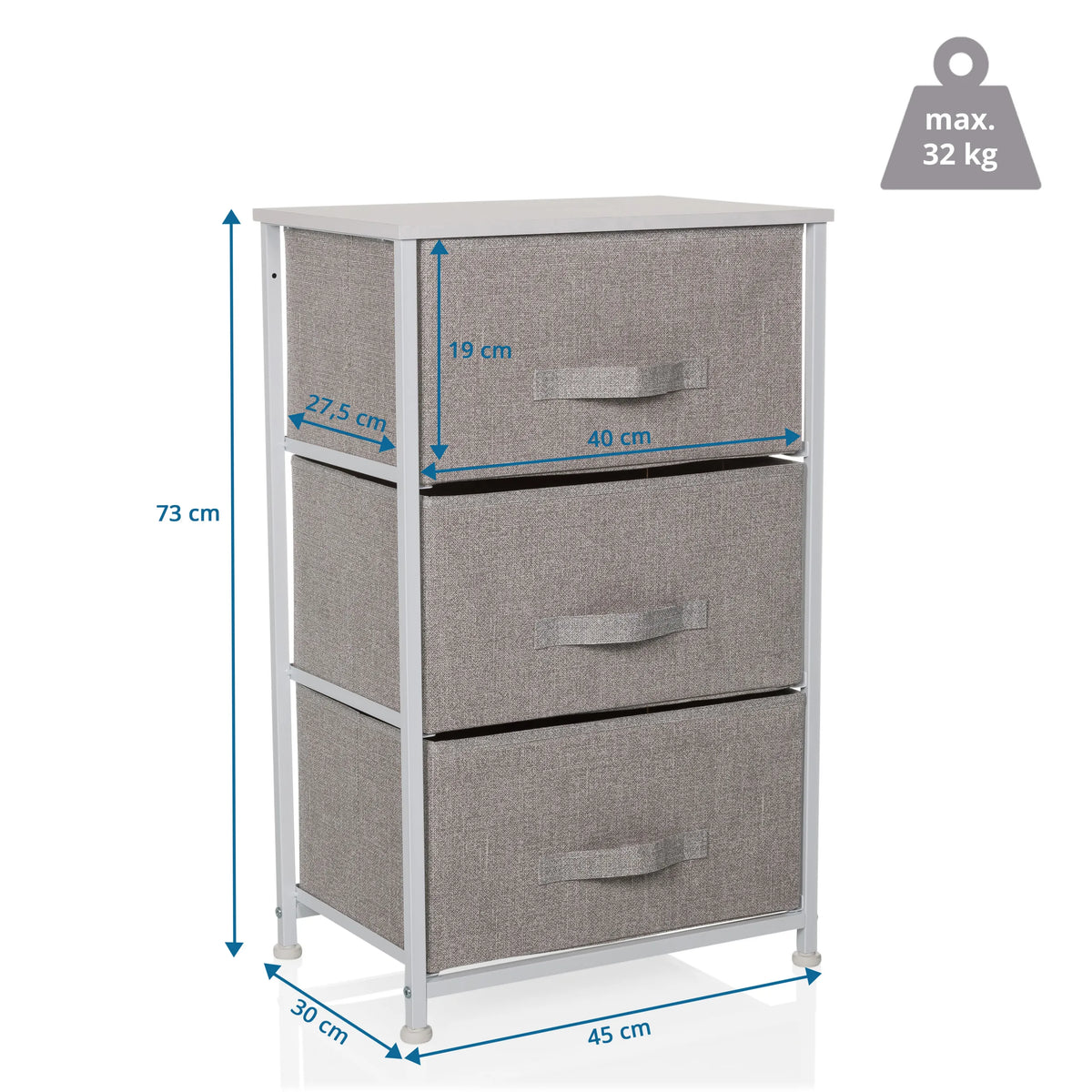 Måltegning af Kommode FOLDRESS M med en højde på 73 cm og en maksimal belastning på 32 kg fra hjh LIVING