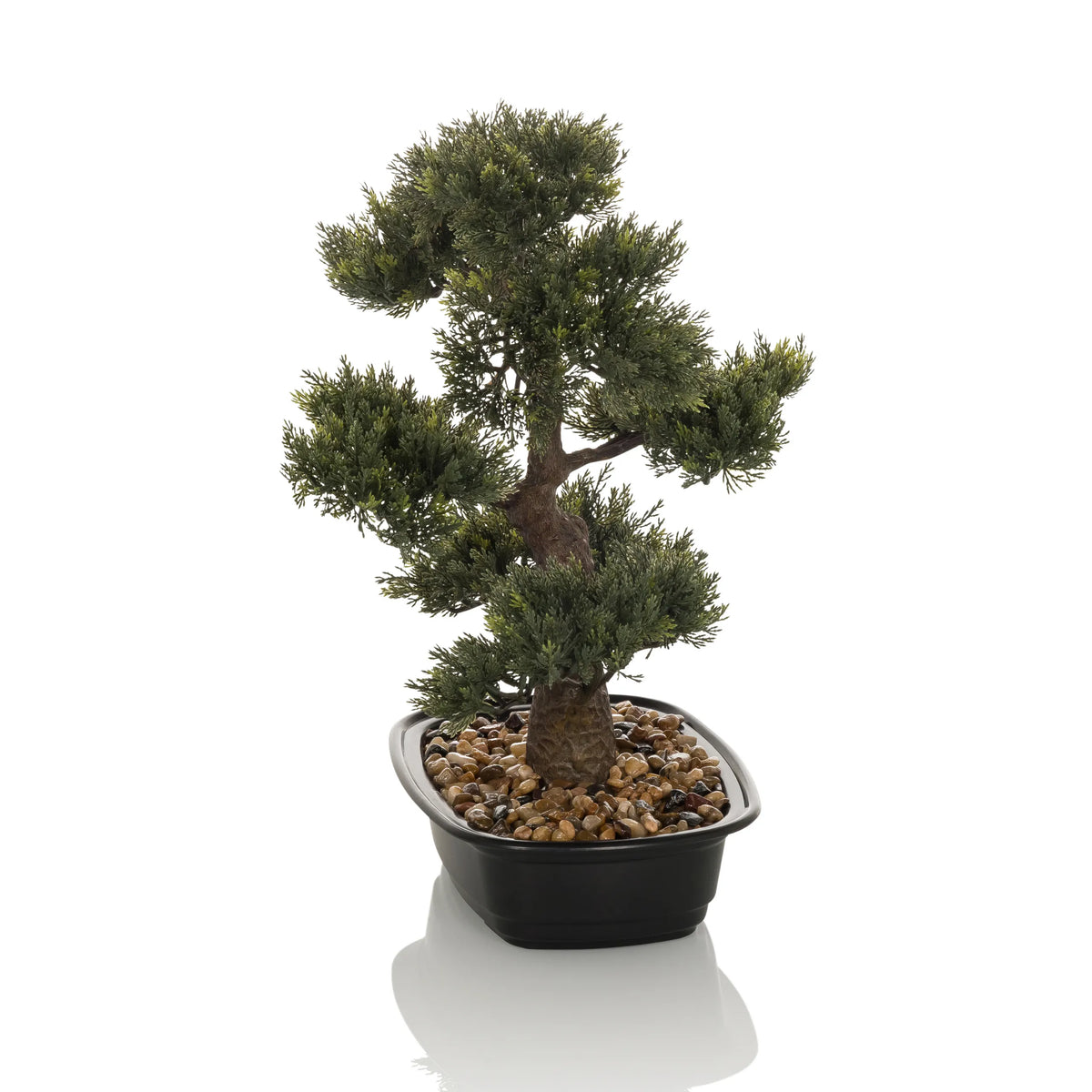 Grøn Kunstige plante BONSAI formet som en bonsai i en sort potte med småsten fra hjh OFFICE – 360-graders visning (forfra 0°)