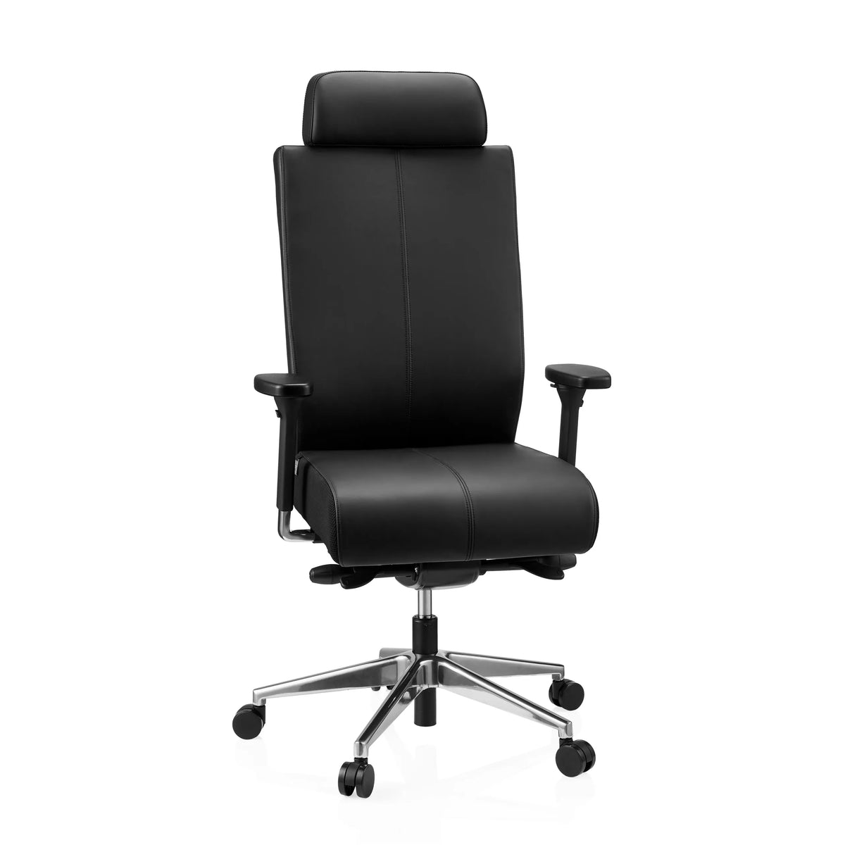Sort Professionel kontorstol PRO-TEC XXL i læder med nakkestøtte og femstjernet fodkryds med hjul fra hjh OFFICE – 360-graders visning (forfra 15°)