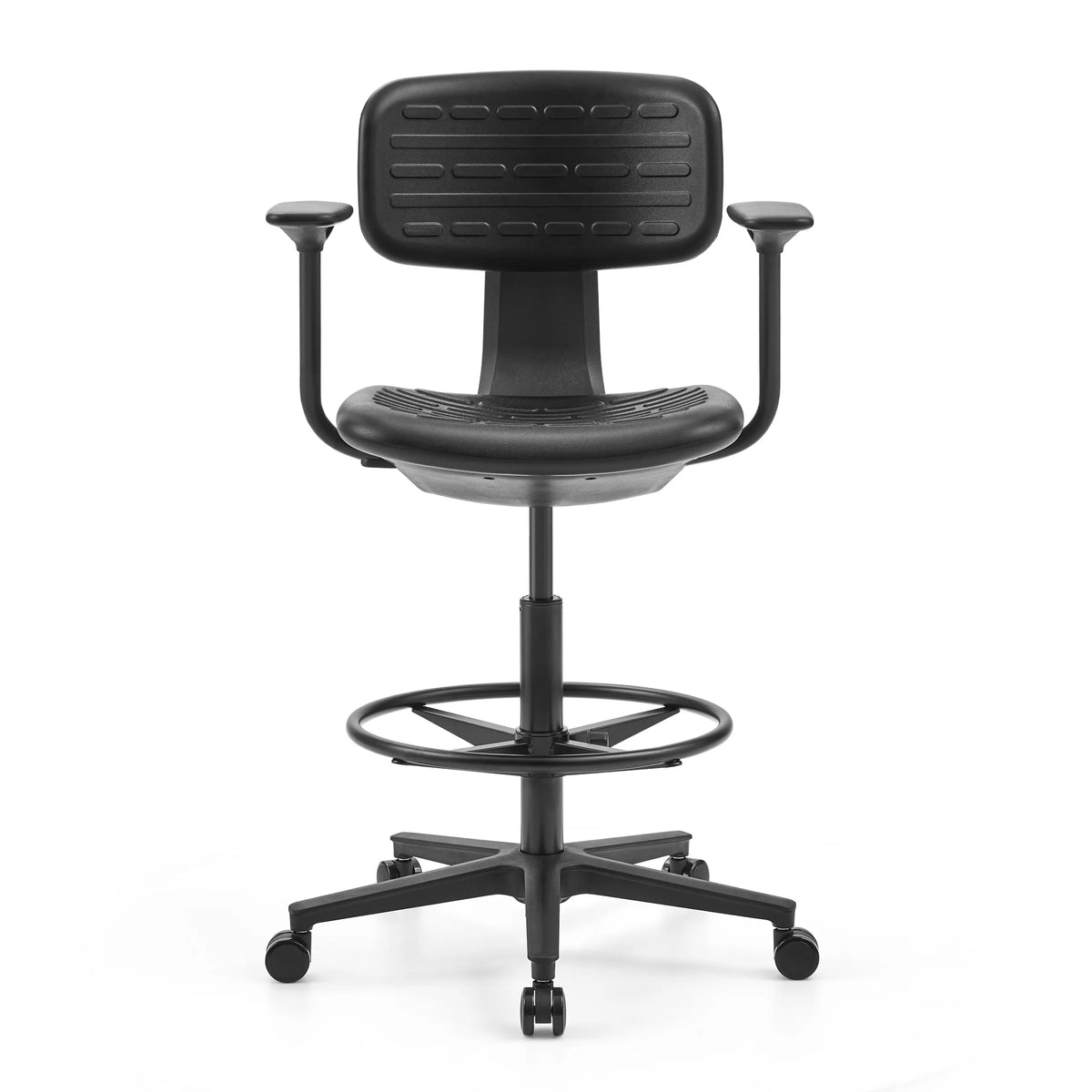 Sort diskstol TOP WORK B1 med fodring og femstjernet fodkryds med hjul fra hjh OFFICE – 360-graders visning (forfra 0°)