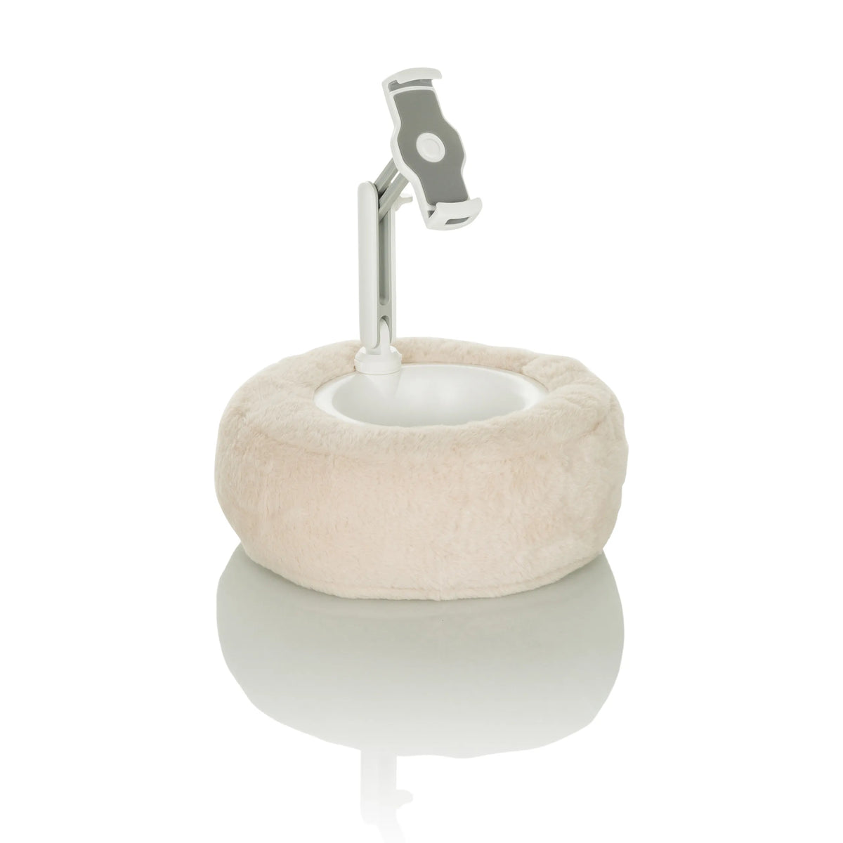 Beige holder til mobiltelefon & tablet COMFILAP II med blød ringpude fra hjh OFFICE – 360-graders visning (sideprofil 72°)