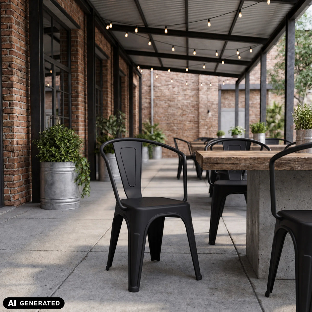 Sorte Vantaggio Poly bistrostole ved et træbord udendørs fra hjh OFFICE (AI-genereret billede)