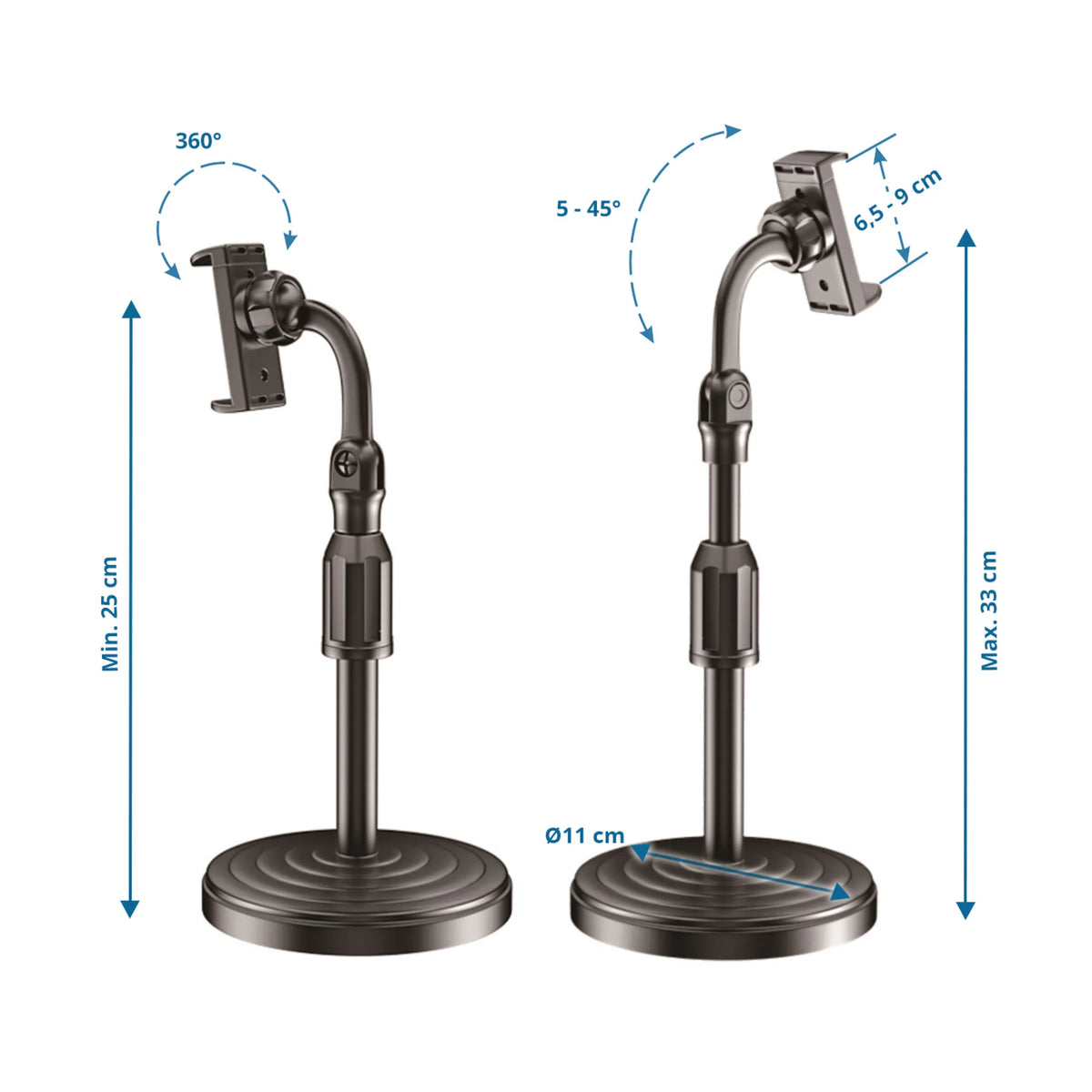 Teknisk tegning af Holder til mobiltelefon & tablet FLEXMOBI II med en maksimal højde på 33 cm fra hjh OFFICE