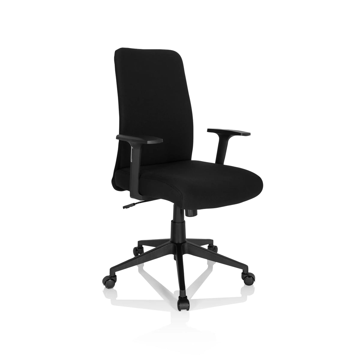Sort Home Office kontorstol COSIO I med armlæn og femhjulet fodkryds fra hjh OFFICE – 360-graders visning (skråt forfra 40°)