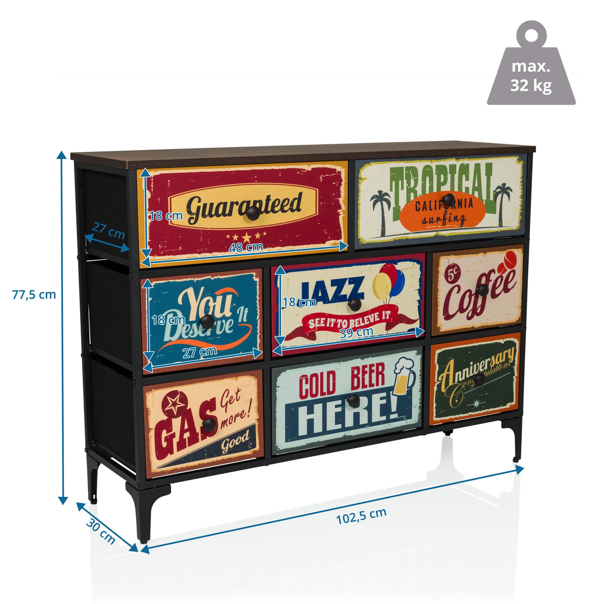 Målvisning af Kommode AMERIKO B med 102,5 × 77,5 cm og seks skuffer med motiv fra hjh LIVING