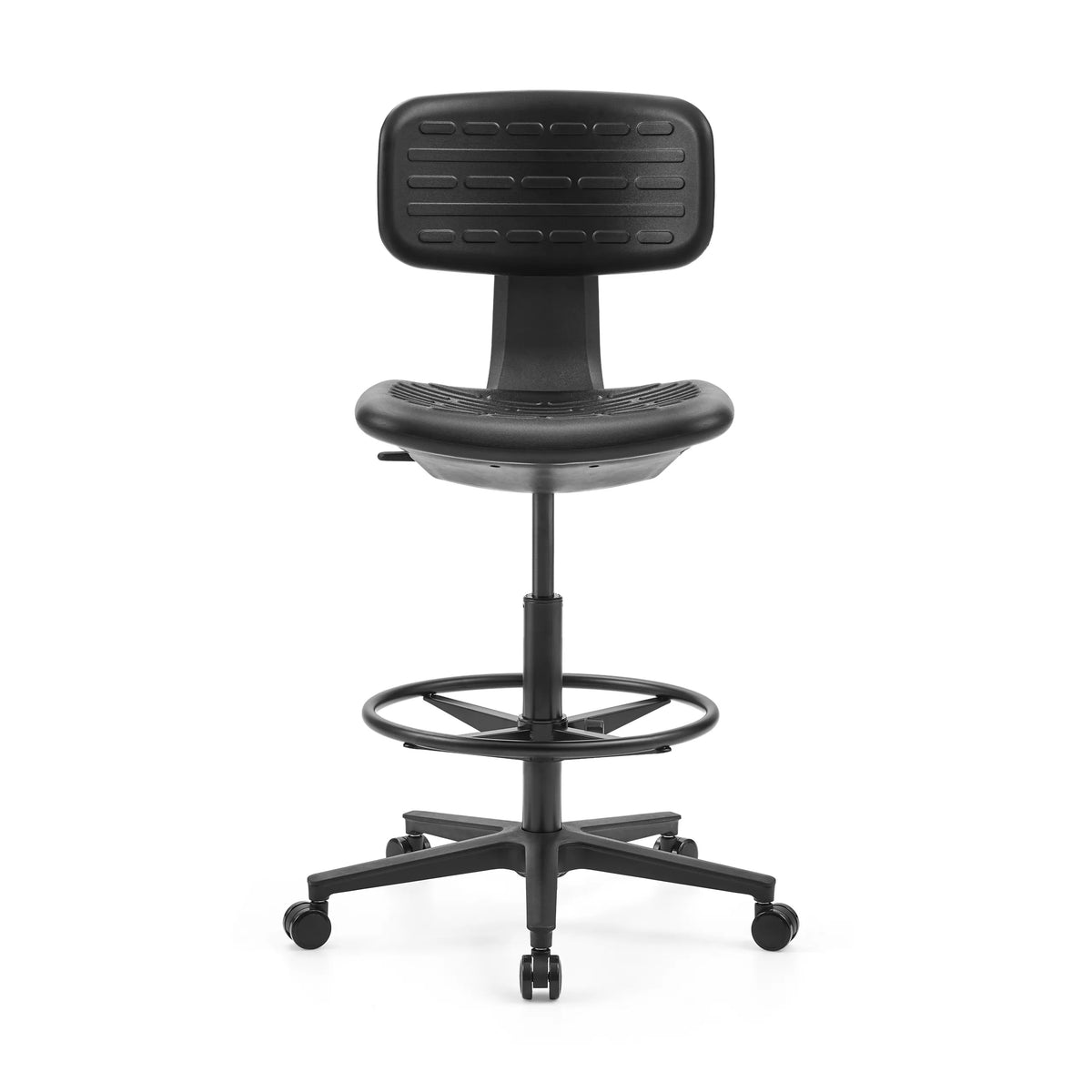 Sort diskstol TOP WORK B med fodring og femstjernet fodkryds med hjul fra hjh OFFICE – 360-graders visning (forfra 0°)