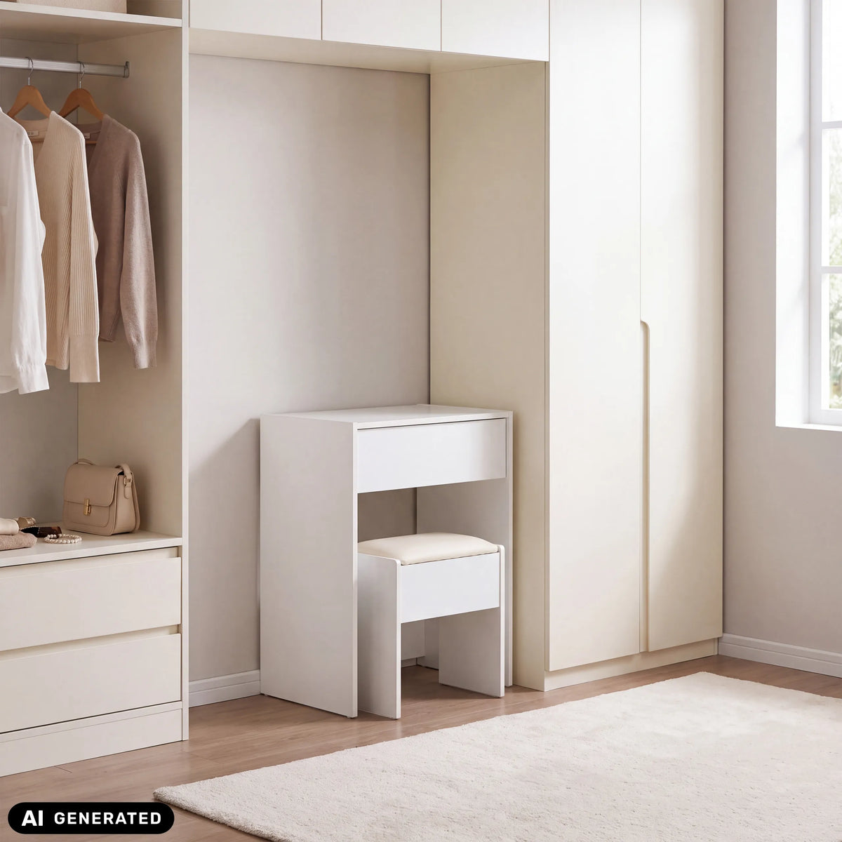 Hvid Glamdesk sminkebord med taburet i en skabsniche fra hjh LIVING (AI-genereret billede)
