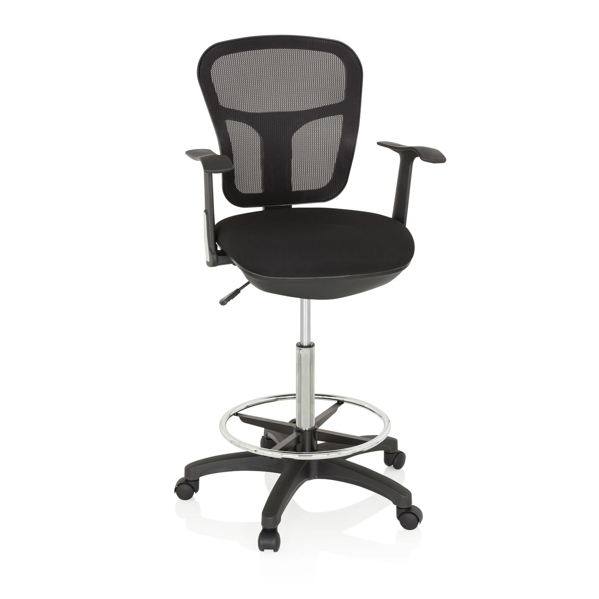 Sort Diskstol TOP WORK 108 med netryg, fodring og femhjulet fodkryds fra hjh OFFICE – 360-graders visning (forfra 20°)
