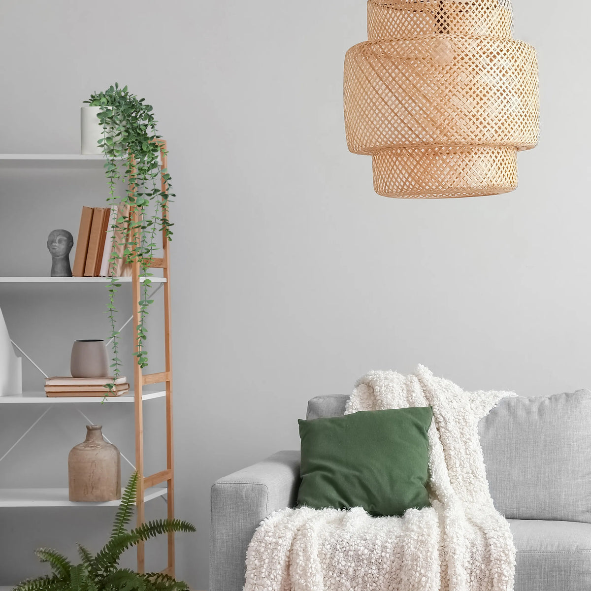Grøn Kunstige plante EUCALYPTUS CLIMB i en reol ved siden af en grå sofa fra hjh OFFICE