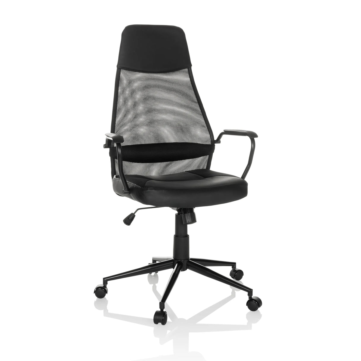 Sort Home Office chefstol MARCOZ med netryg og femhjulet fodkryds fra MyBuero – 360-graders visning (forfra 15°)