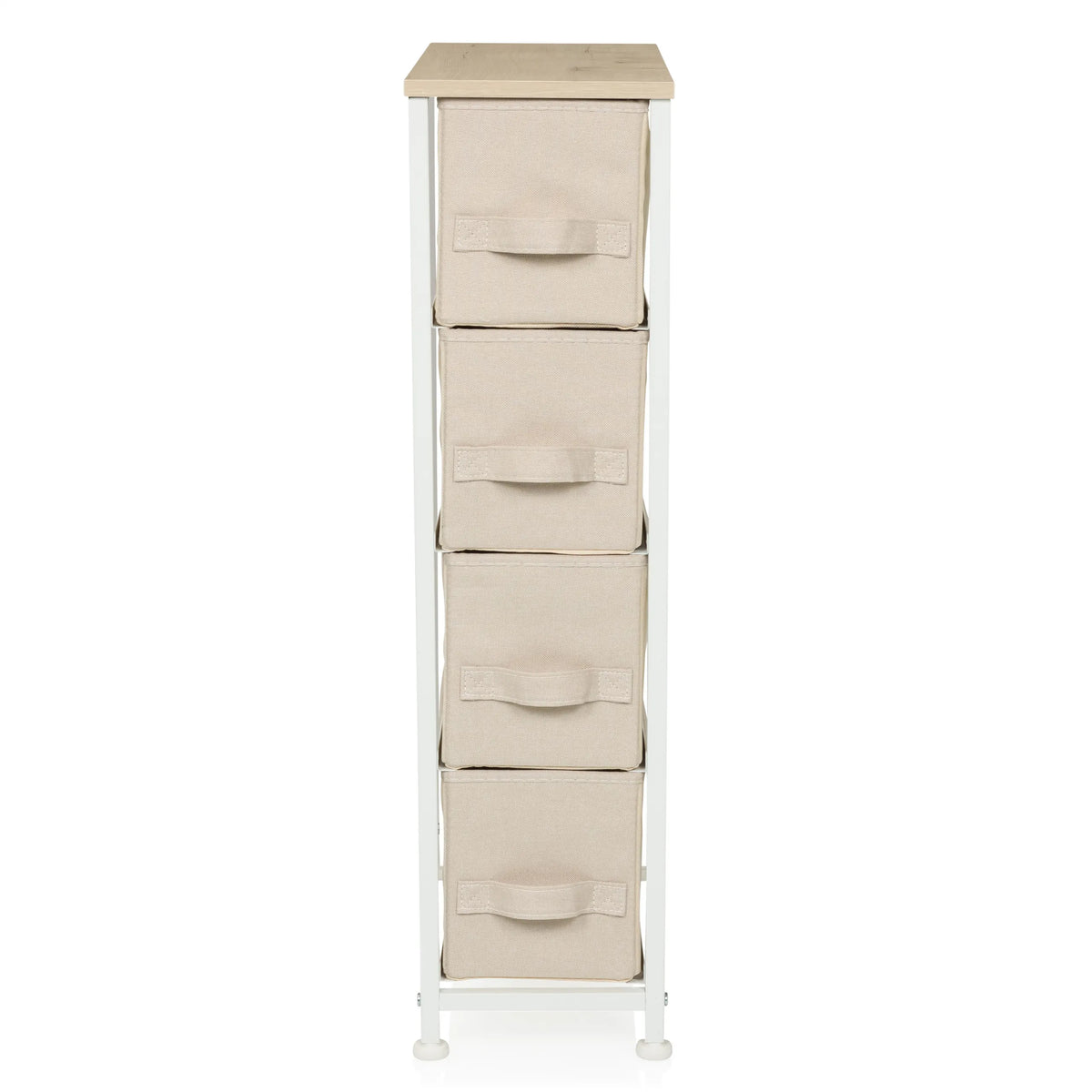 Beige Kommode FOLDRESS S med fire stofskuffer og en lys træplade fra hjh LIVING – 360-graders visning (forfra 0°)
