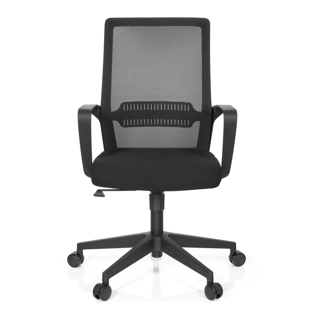 Schwarzer Home-Office-Bürostuhl PRESTON mit Netzrücken und Fußkreuz mit fünf Rollen von hjh OFFICE – 360-Grad-Ansicht (Frontansicht 0°)