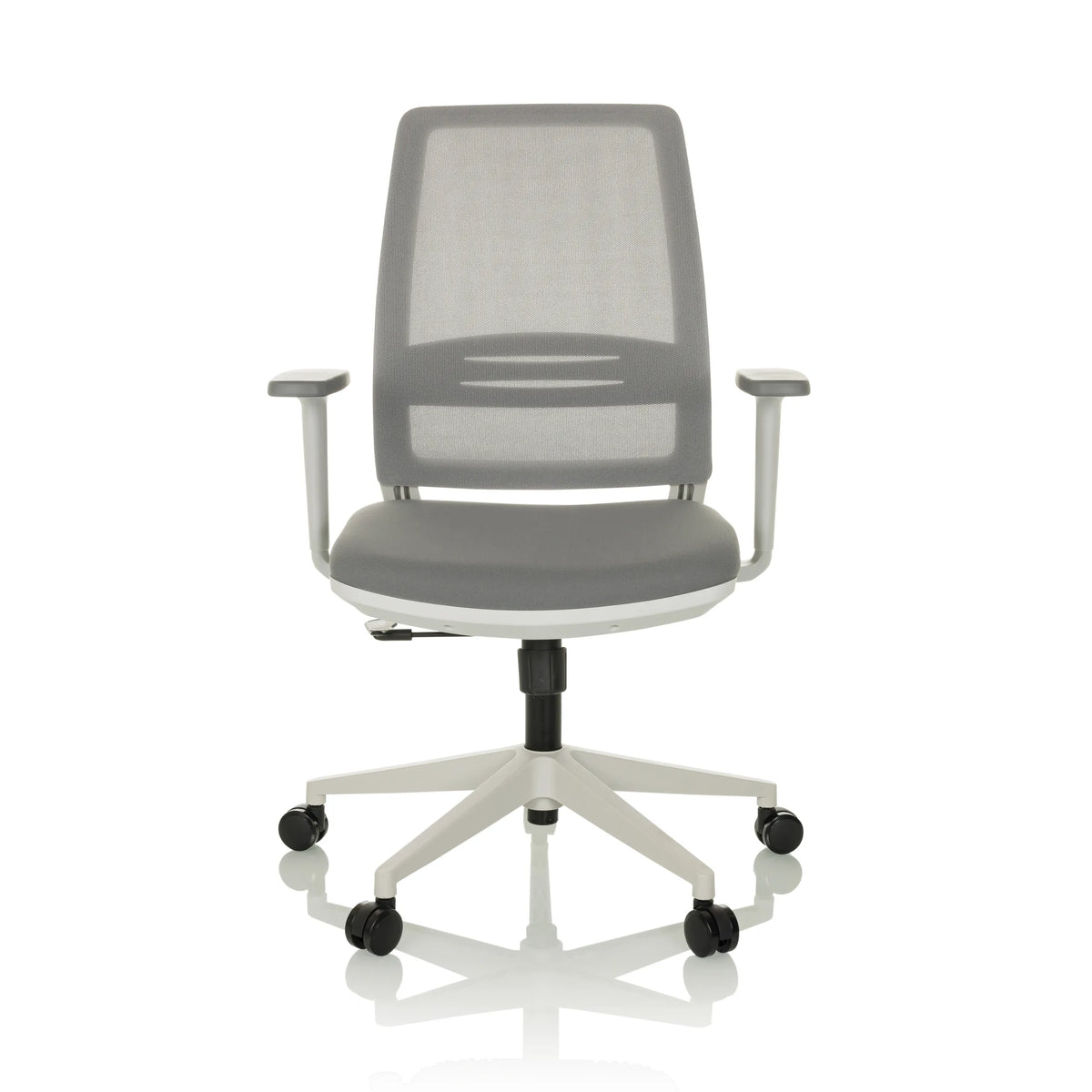 Grå Home Office kontorstol PROFONDO ECO W med netryg og femstjernet fodkryds med hjul fra hjh OFFICE – 360-graders visning (forfra 0°)