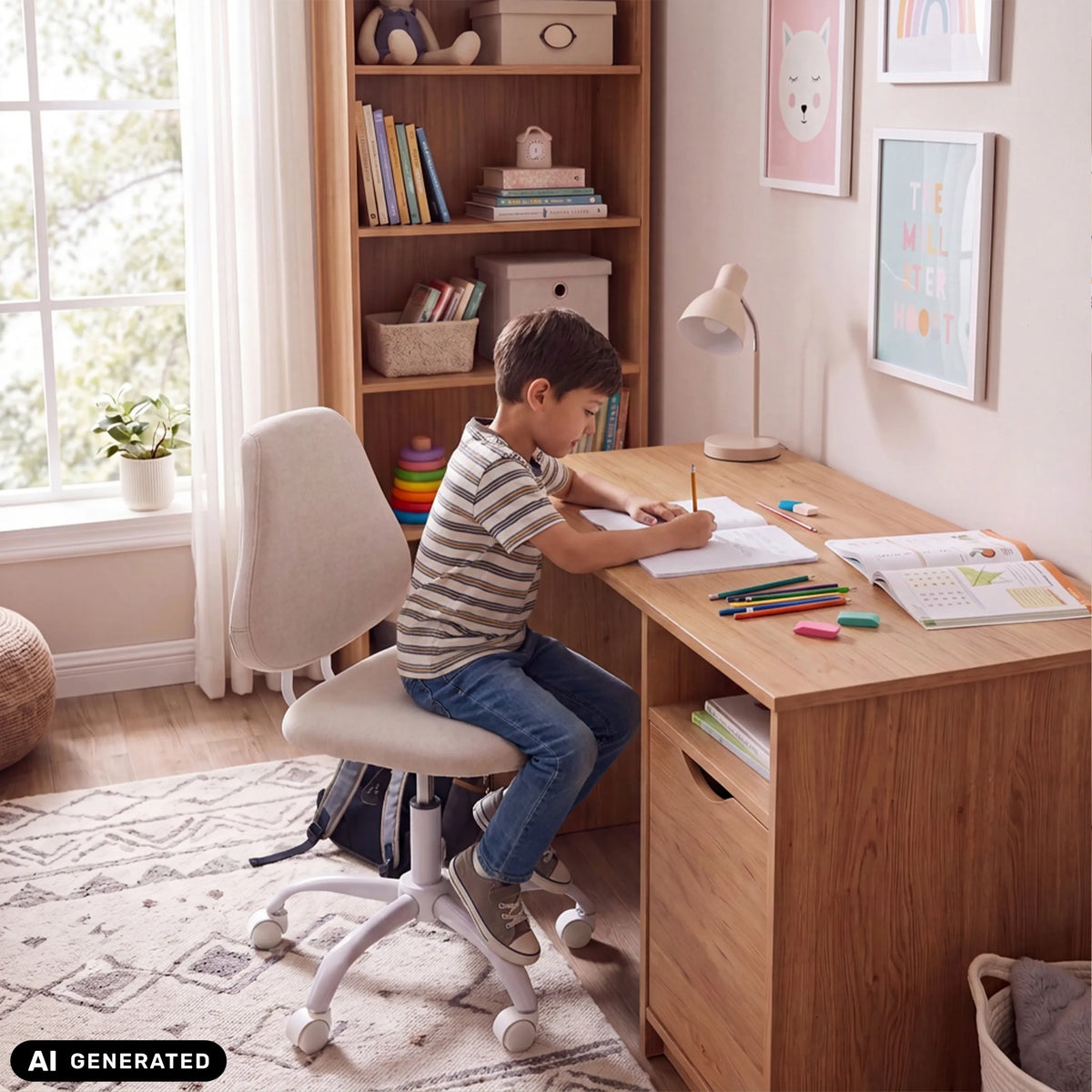 Beige Lumikid drejestol til børn ved et skrivebord fra hjh OFFICE (AI-genereret billede)