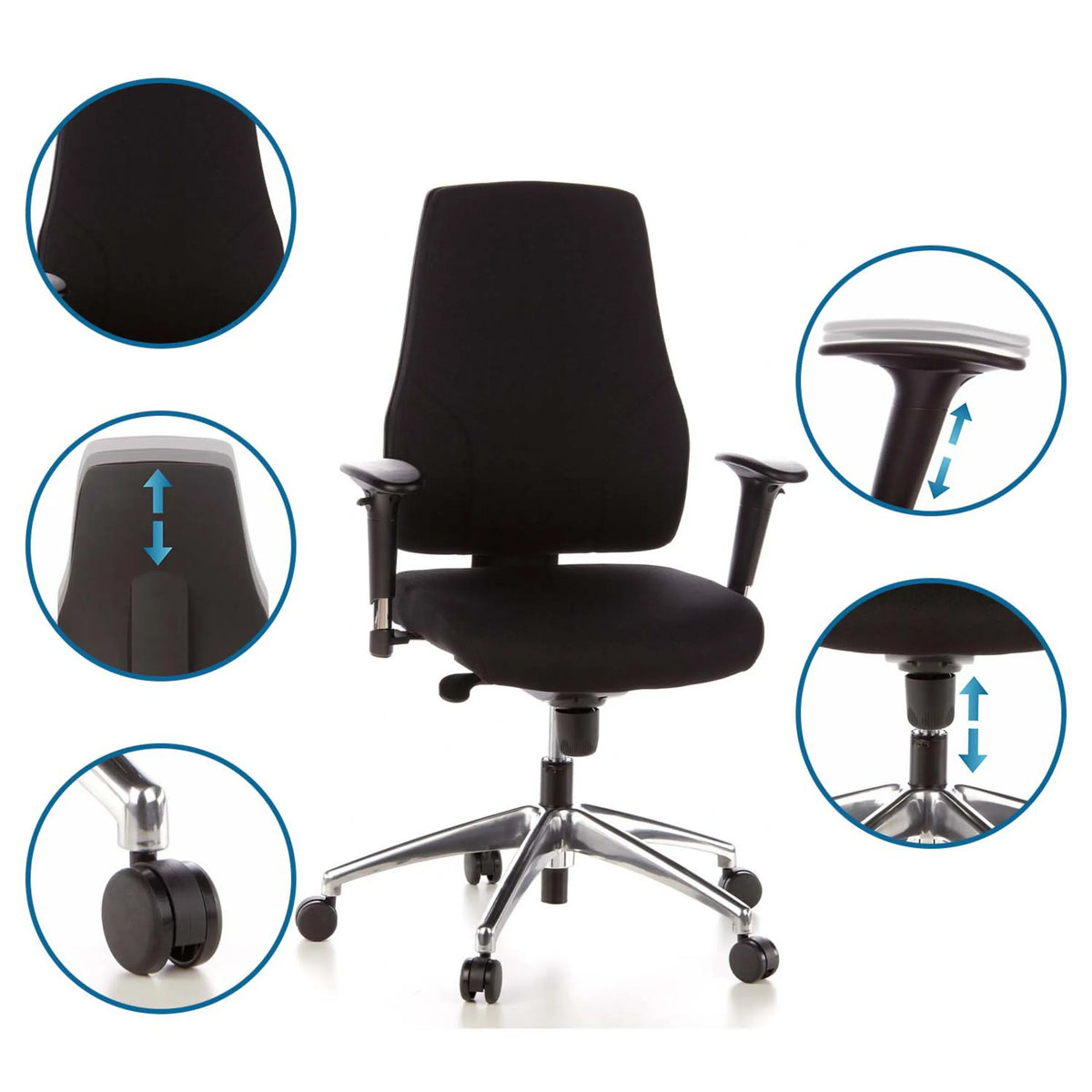Justerbare funktioner på Professionel kontorstol PRO-TEC 200 med armlæn og gaslift fra hjh OFFICE