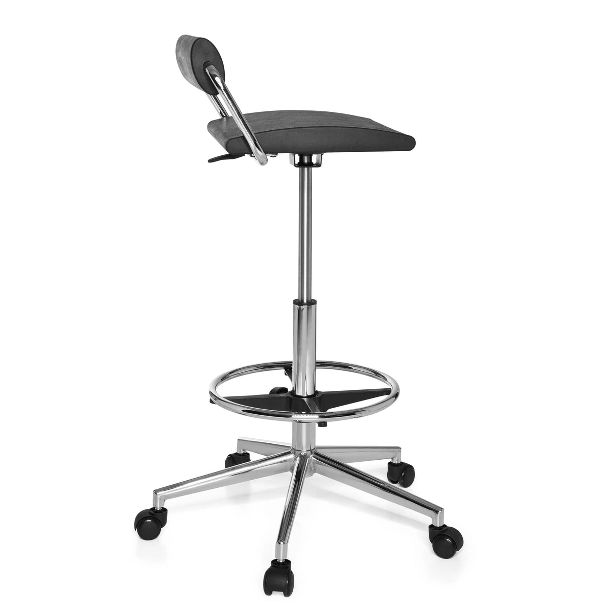 Sort Drejeskammel TOP WORK 28 med fodring og femhjulet fodkryds fra hjh OFFICE – 360-graders visning (sideprofil 100°)