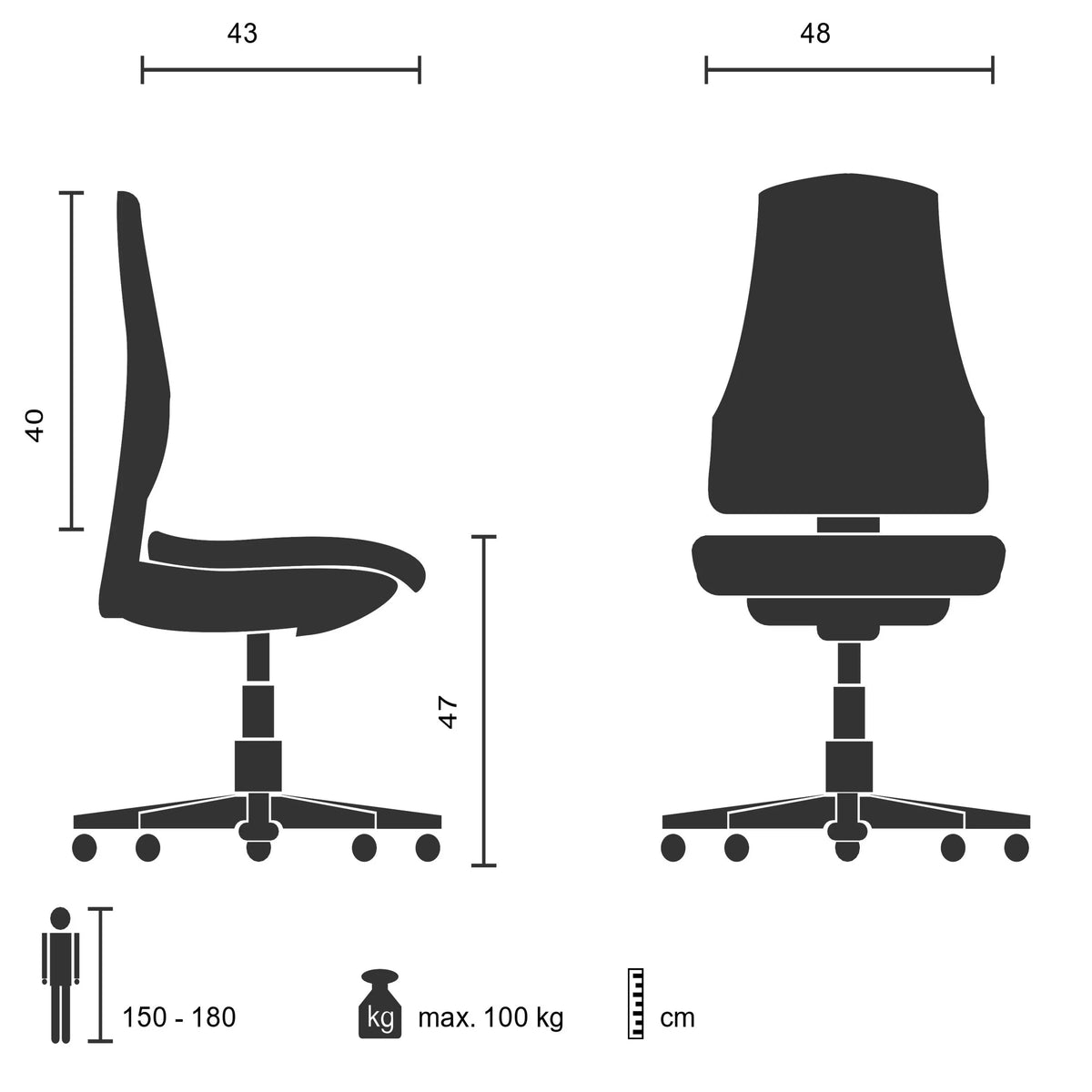 Technische Zeichnung des Schalenstuhls SCANDI 4 mit 48 cm Breite und max. 100 kg Belastbarkeit von hjh OFFICE