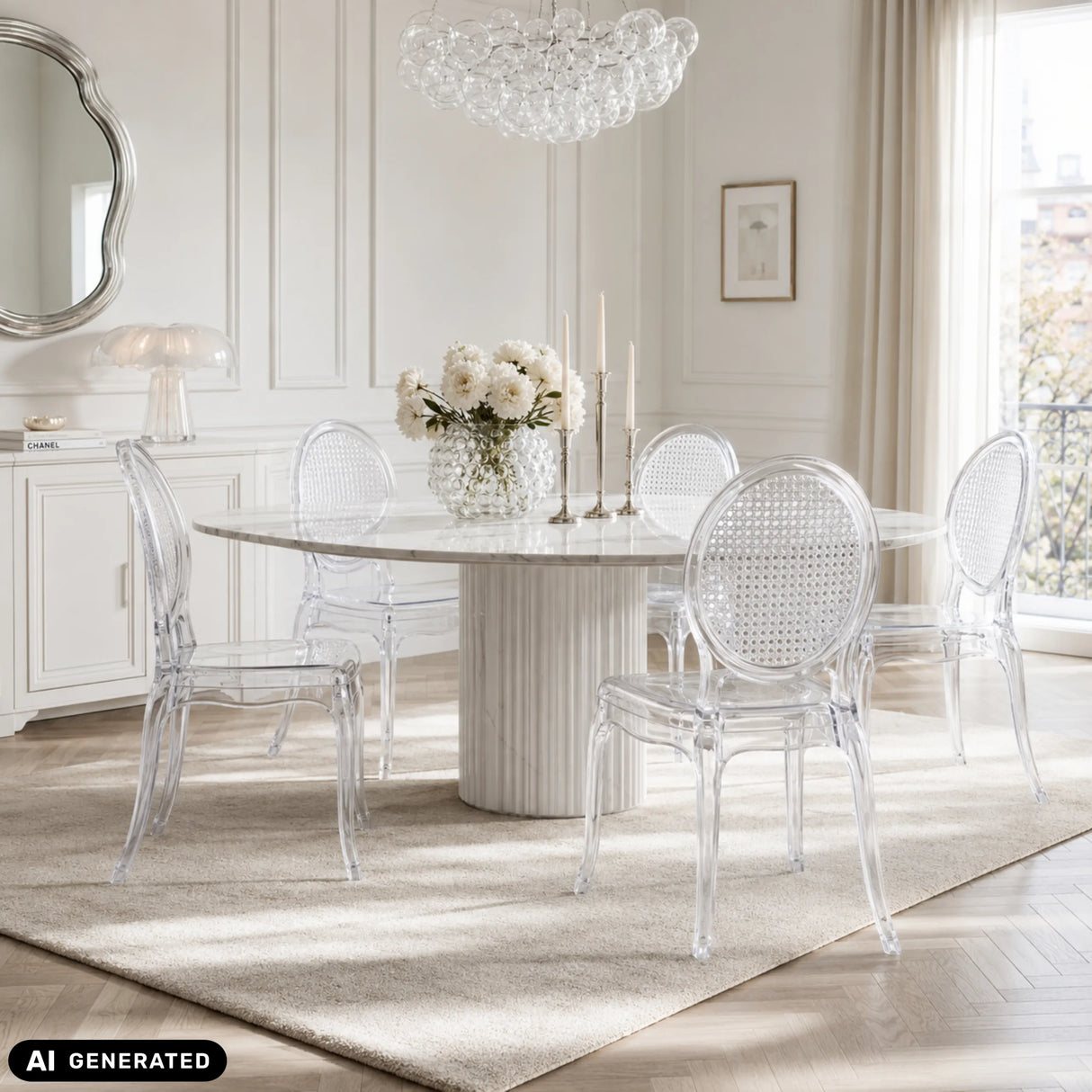 Stol med fire ben CRISTALIO i transparent udgave med rund rygstøtte fra hjh LIVING