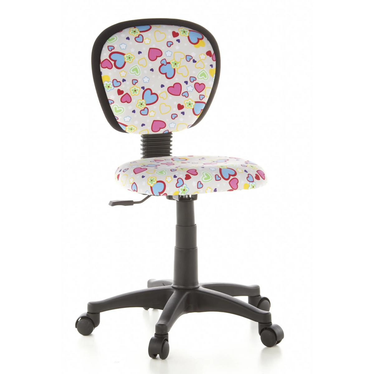 Drejestol til børn KIDDY TOP med farverigt hjerte- og blomstermønster samt femhjulet fodkryds fra hjh OFFICE – 360-graders visning (forfra 20°)
