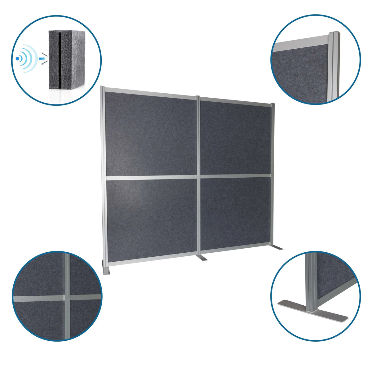 Grå FLEXMIUT MODUL skillevægge med aluminiumsramme, T-fod og lydabsorberende fyld fra hjh OFFICE