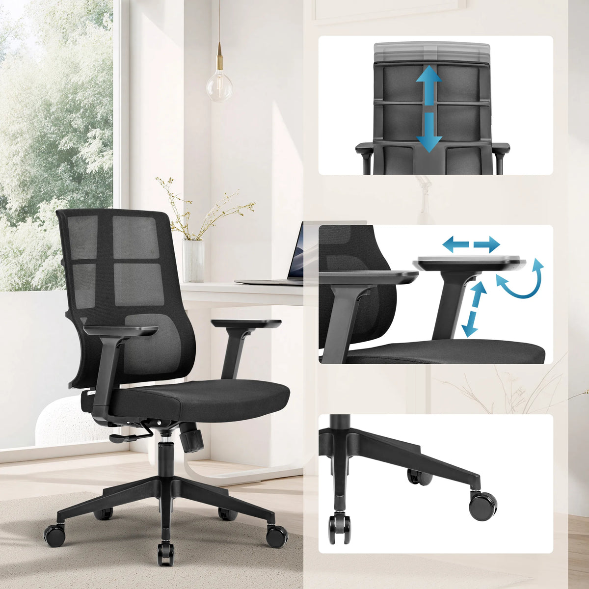 Justerbare funktioner på Professionel kontorstol SPINIO med armlæn og gasfjeder fra hjh OFFICE