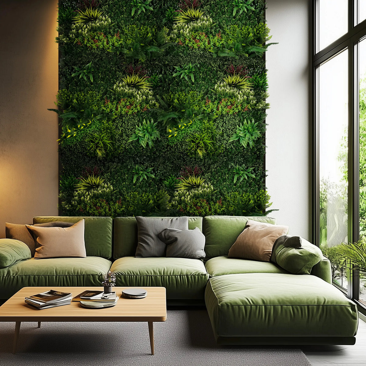 Grøn plantemåtte LEAFLUXE 3D som vertikal plantevæg i et opholdsrum fra hjh LIVING