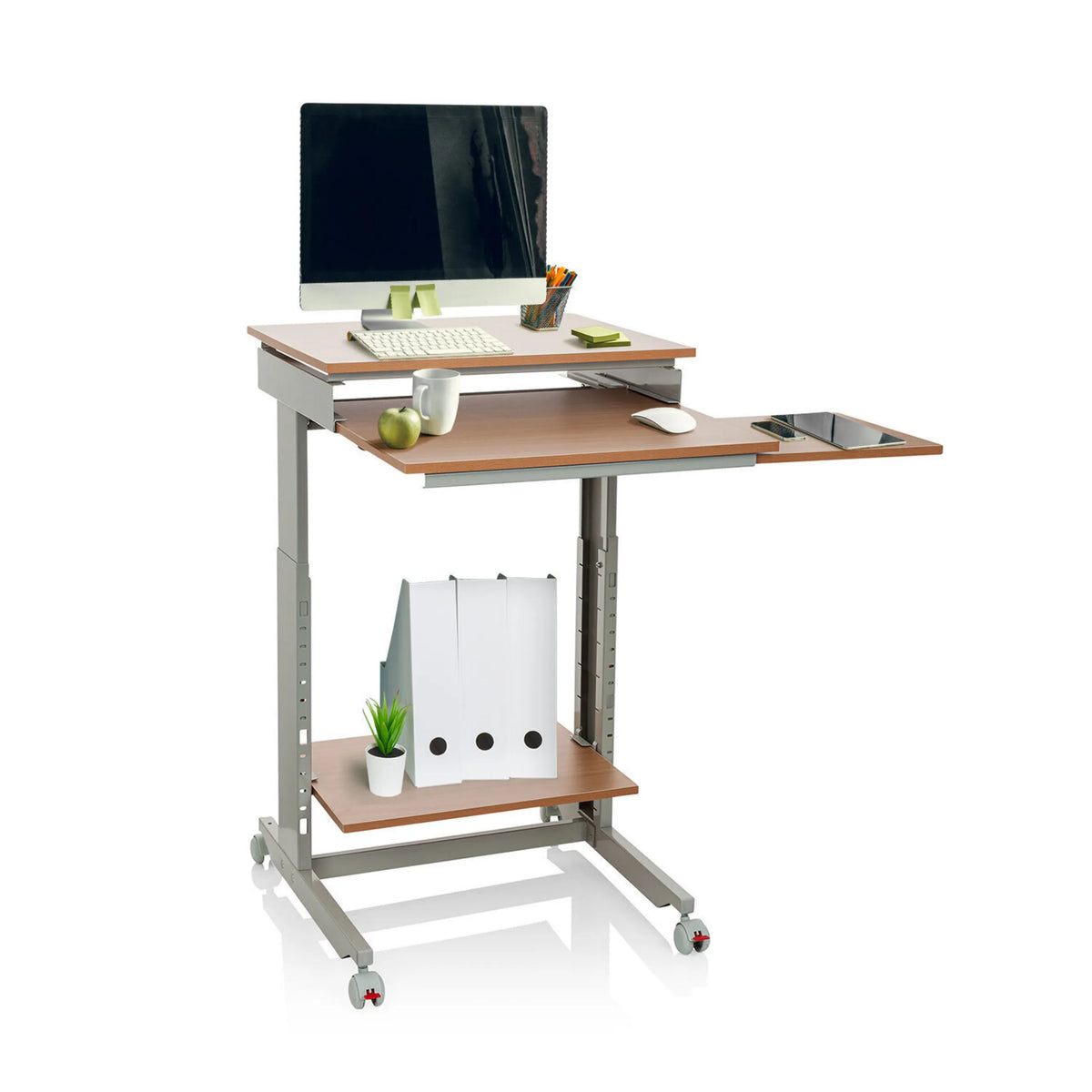 Ståskrivebord WORKSTATION i bøg og grå med to niveauer, opbevaringsrum og hjul fra hjh OFFICE