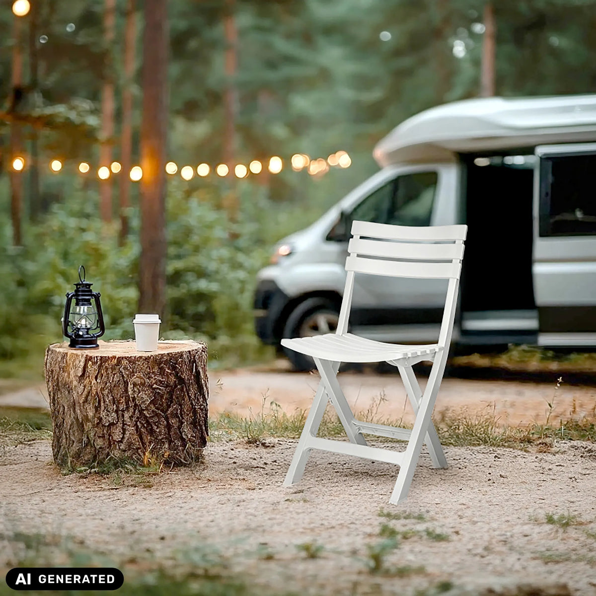 Hvid TRAVANO udendørs stol i et skovområde ved siden af en autocamper fra hjh LIVING (AI-genereret billede)