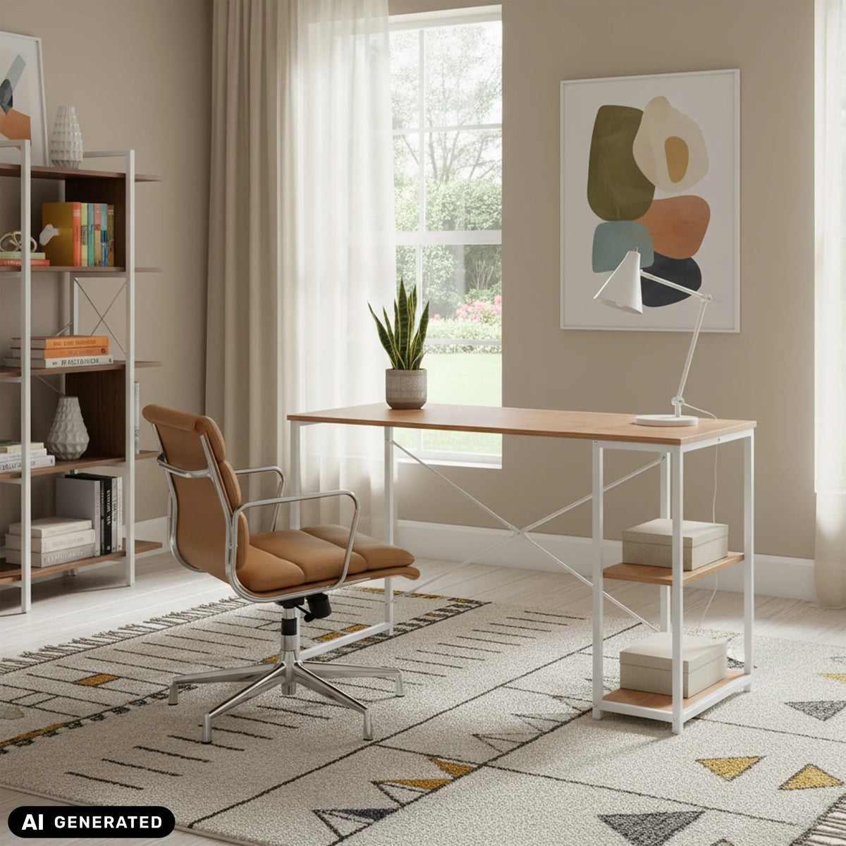 Schreibtisch Easy Up2 in Weiß und Eiche mit integriertem Regal von hjh LIVING (KI-generiertes Bild)