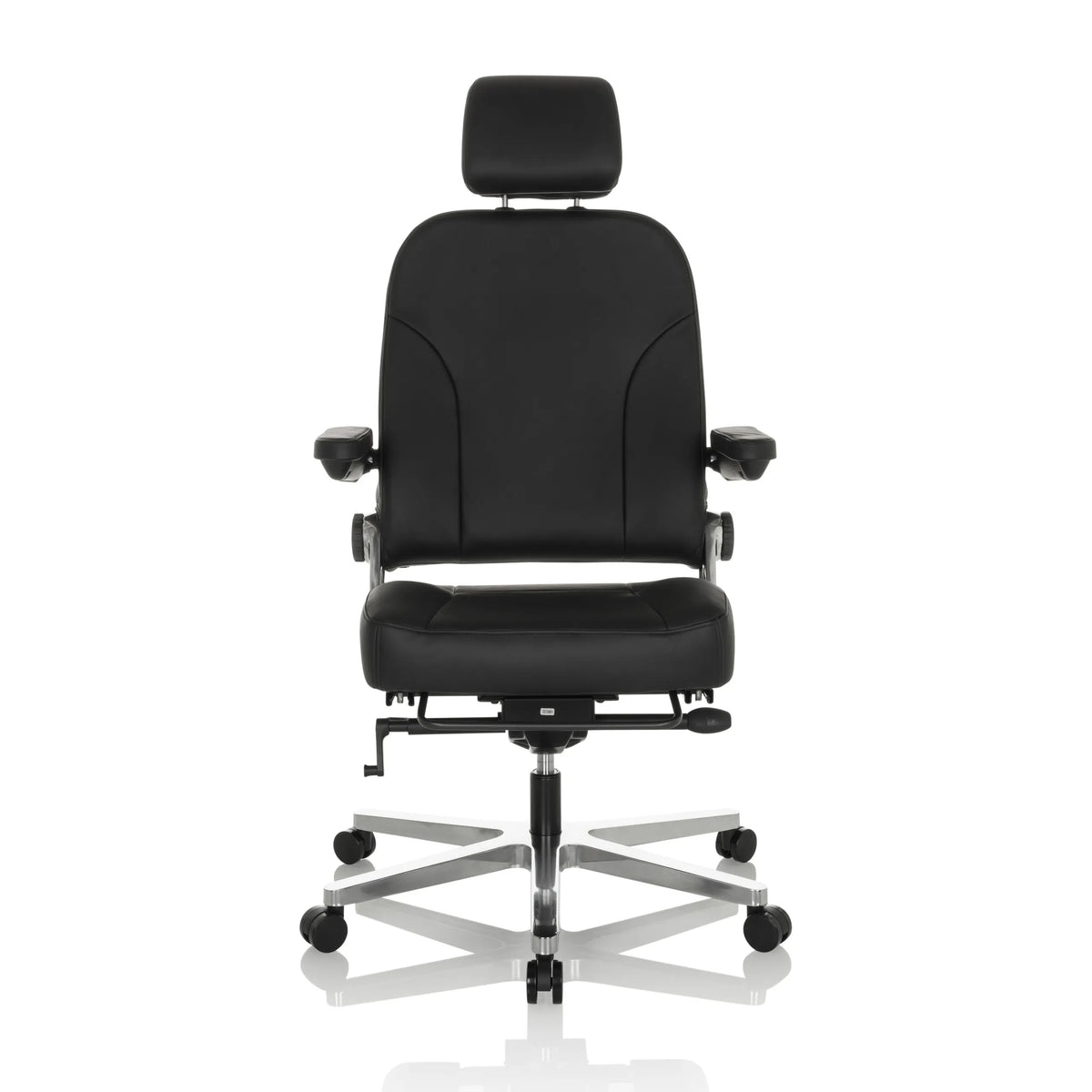 Sort XXL drejestol 24 HOURS F i læder med nakkestøtte og femhjulet fodkryds fra hjh OFFICE – 360-graders visning (forfra 0°)
