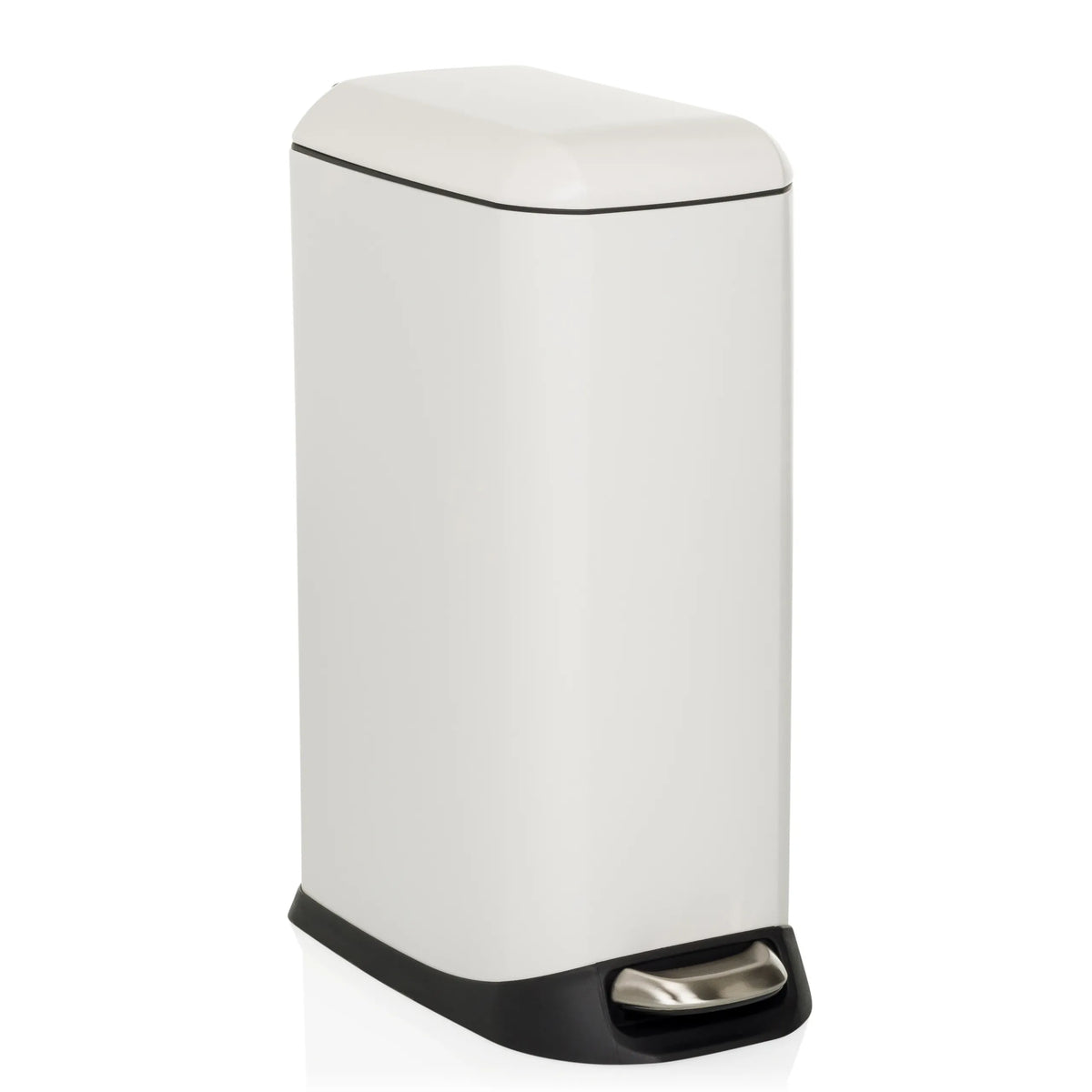 Weißer Mülleimer CLEAN SLIM mit Trittpedal und abgerundetem Deckel von hjh OFFICE – 360-Grad-Ansicht (schräge Frontansicht 30°)