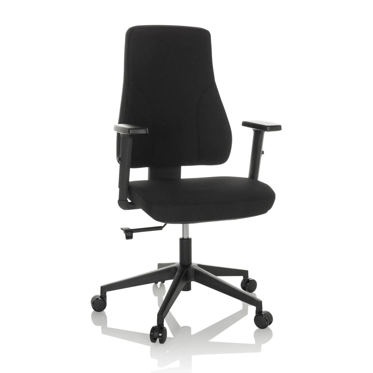 Schwarzer Profi-Bürostuhl MATHES mit Armlehnen und Fußkreuz mit fünf Rollen von hjh OFFICE – 360-Grad-Ansicht (Frontansicht 15°)