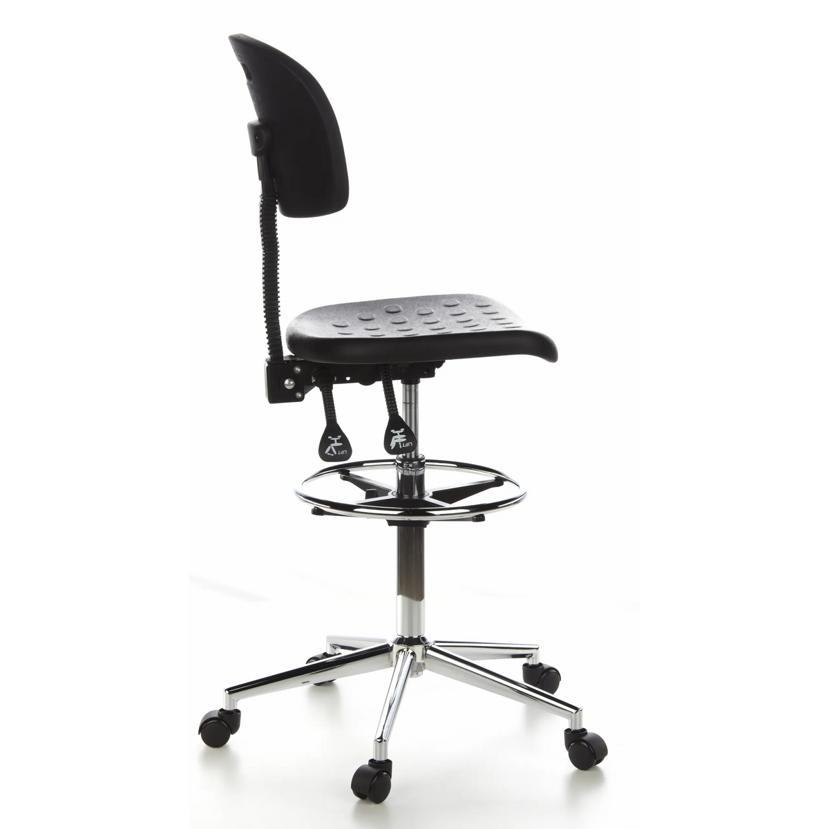 Sort Diskstol TOP WORK 23 med fodring og femstjernet fodkryds med hjul fra hjh OFFICE – 360-graders visning (sideprofil 100°)