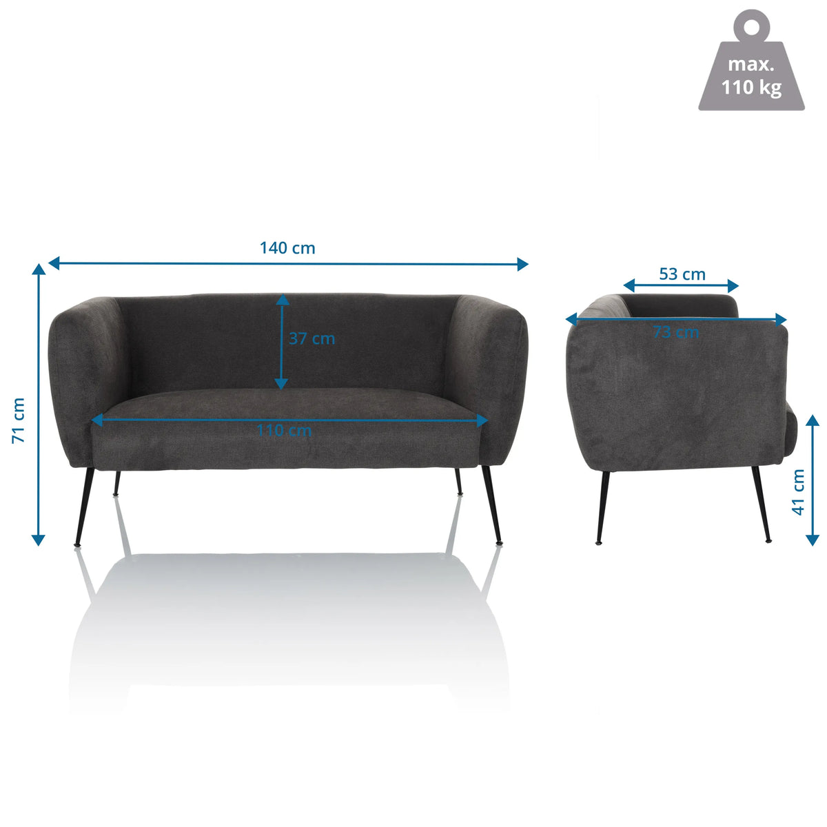 Måltegning af loungesofa HAYRIVER med en bredde på 140 cm og en dybde på 73 cm fra hjh LIVING