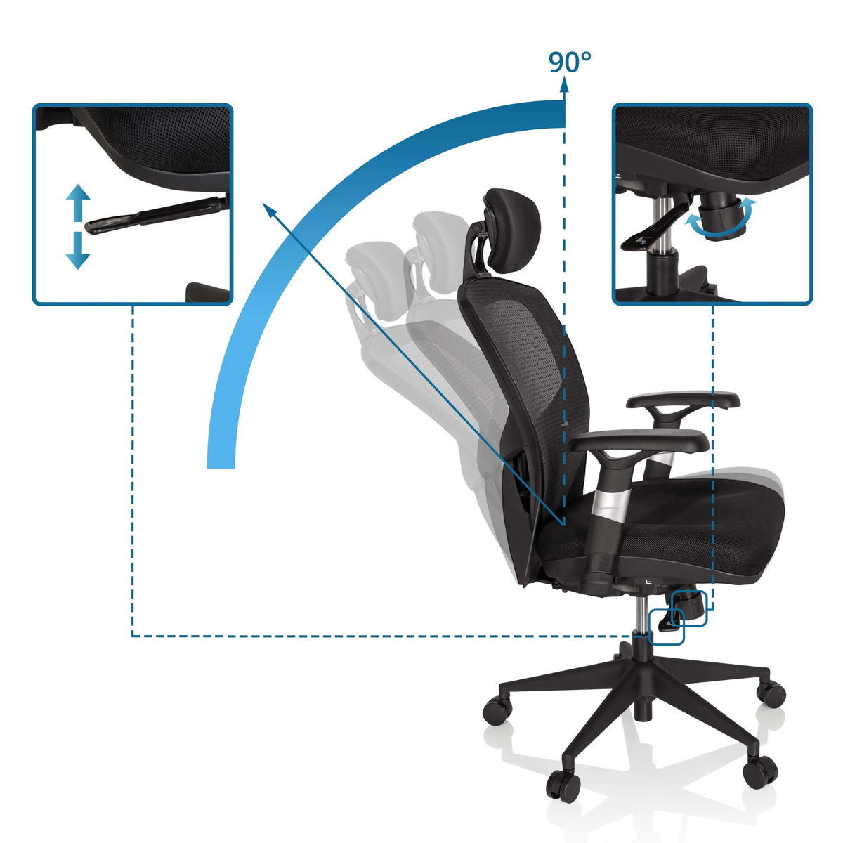 Justerbart ryglæn med 90° vinkel på High End kontorstol VENUS BASE i sort fra hjh OFFICE