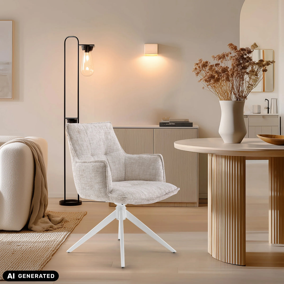 Beige Tavaro spisestuestol med hvid stjernefod fra hjh LIVING (AI-genereret billede)