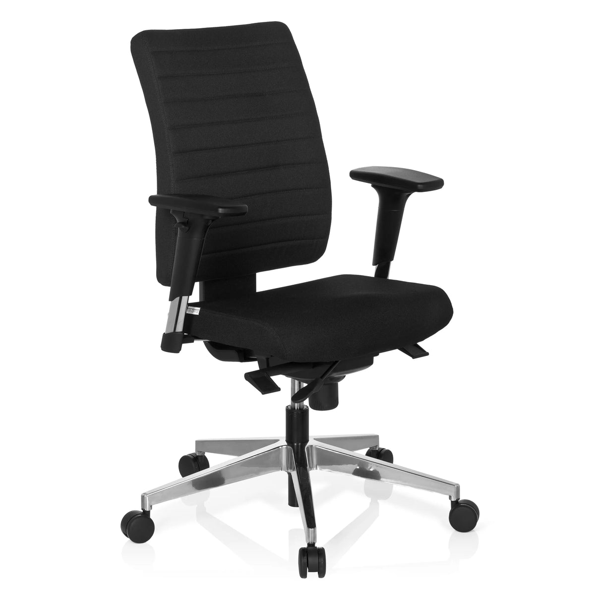 Sort Professionel kontorstol PRO-TEC 350 med armlæn og sølvfarvet femstjernet fodkryds med hjul fra hjh OFFICE – 360-graders visning (skråt forfra 40°)