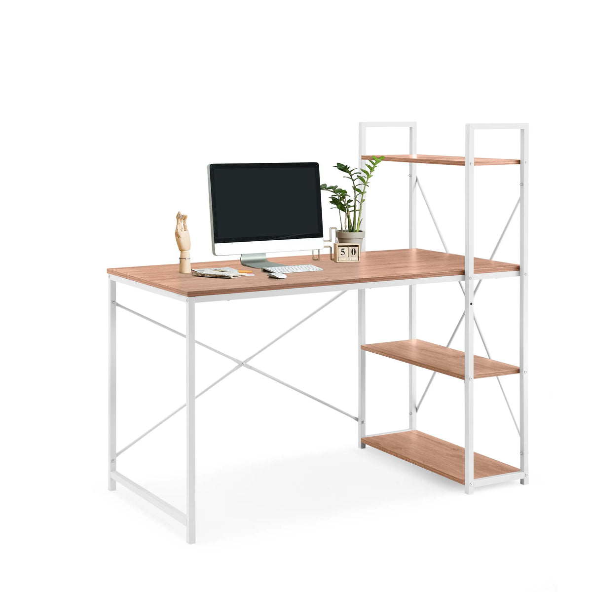 Skrivebord Easy Up3 i hvid og eg med integreret hylde og tre aflægningsflader fra hjh LIVING