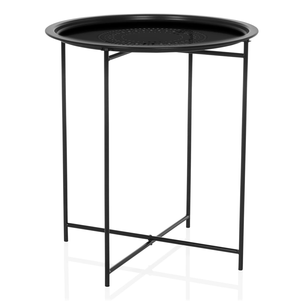 Sort sidebord ALLRUND i metal med rund perforeret plade og krydsfod fra hjh LIVING – 360-graders visning (forfra 15°)