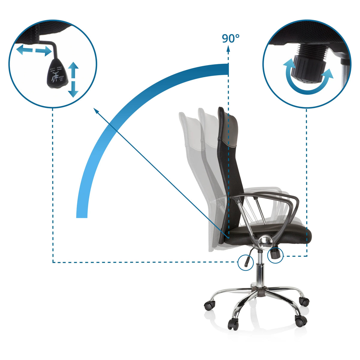 Justeringsmekanisme til ryglænet med 90° hældningsvinkel på ARIA HIGH Home Office chefstol fra hjh OFFICE