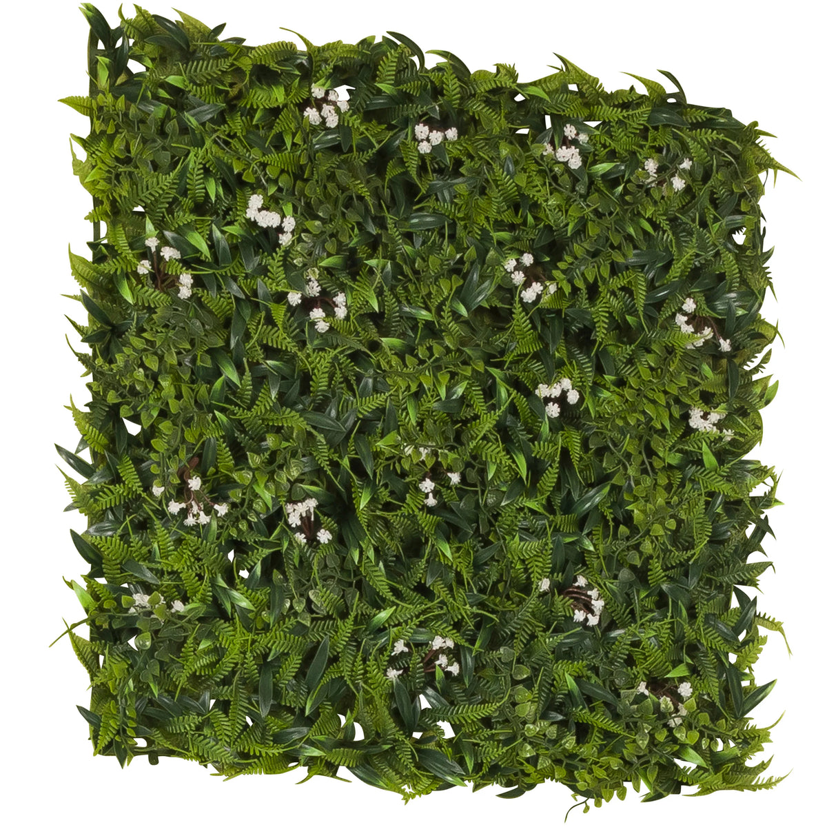 Grøn Plantemåtte MORE GREEN I med bregneblade og små hvide blomster fra hjh OFFICE – 360-graders visning (skråt bagfra 120°)