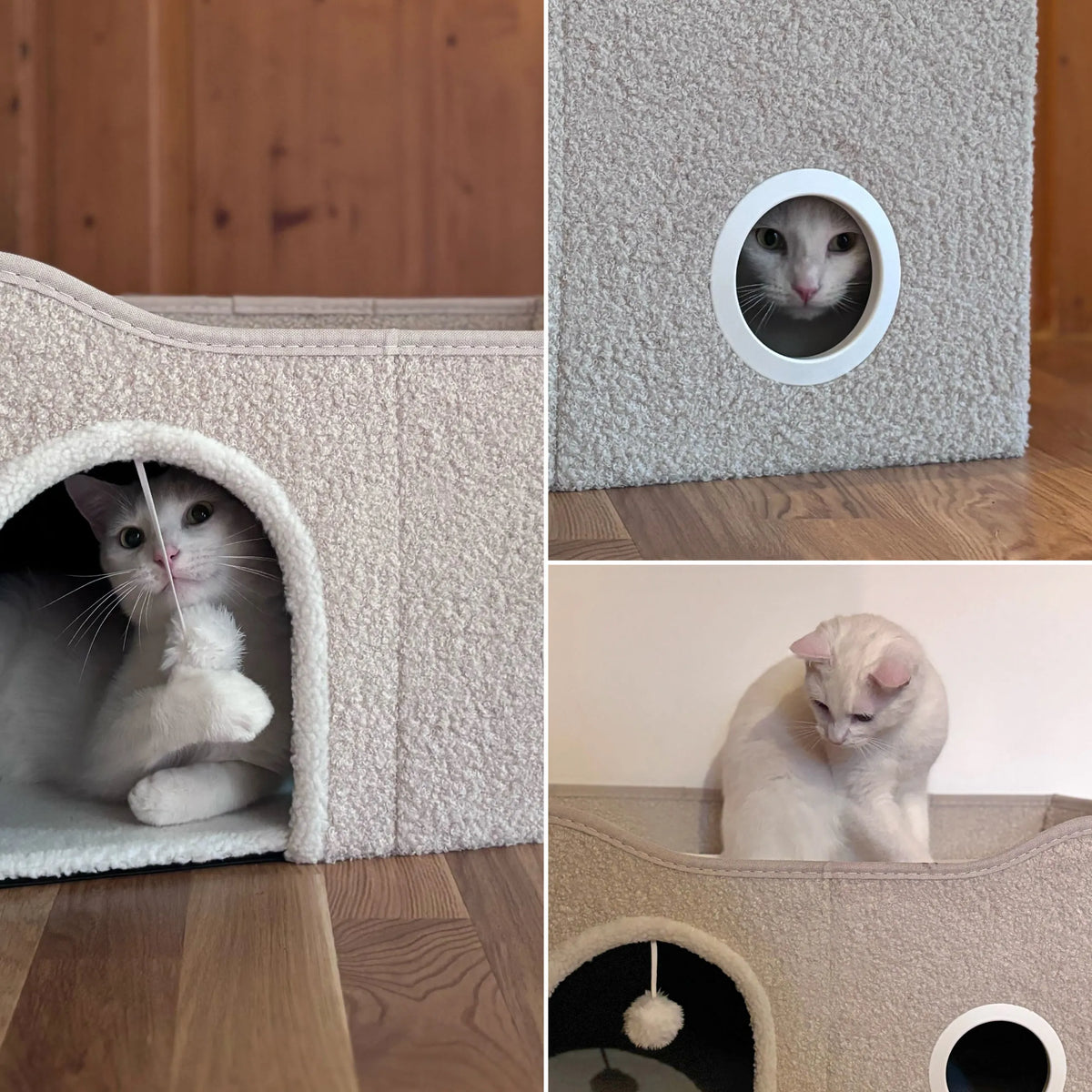 Beige PAWY EB kattehule med en rund åbning, en legebold og en hvid kat fra hjh LIVING