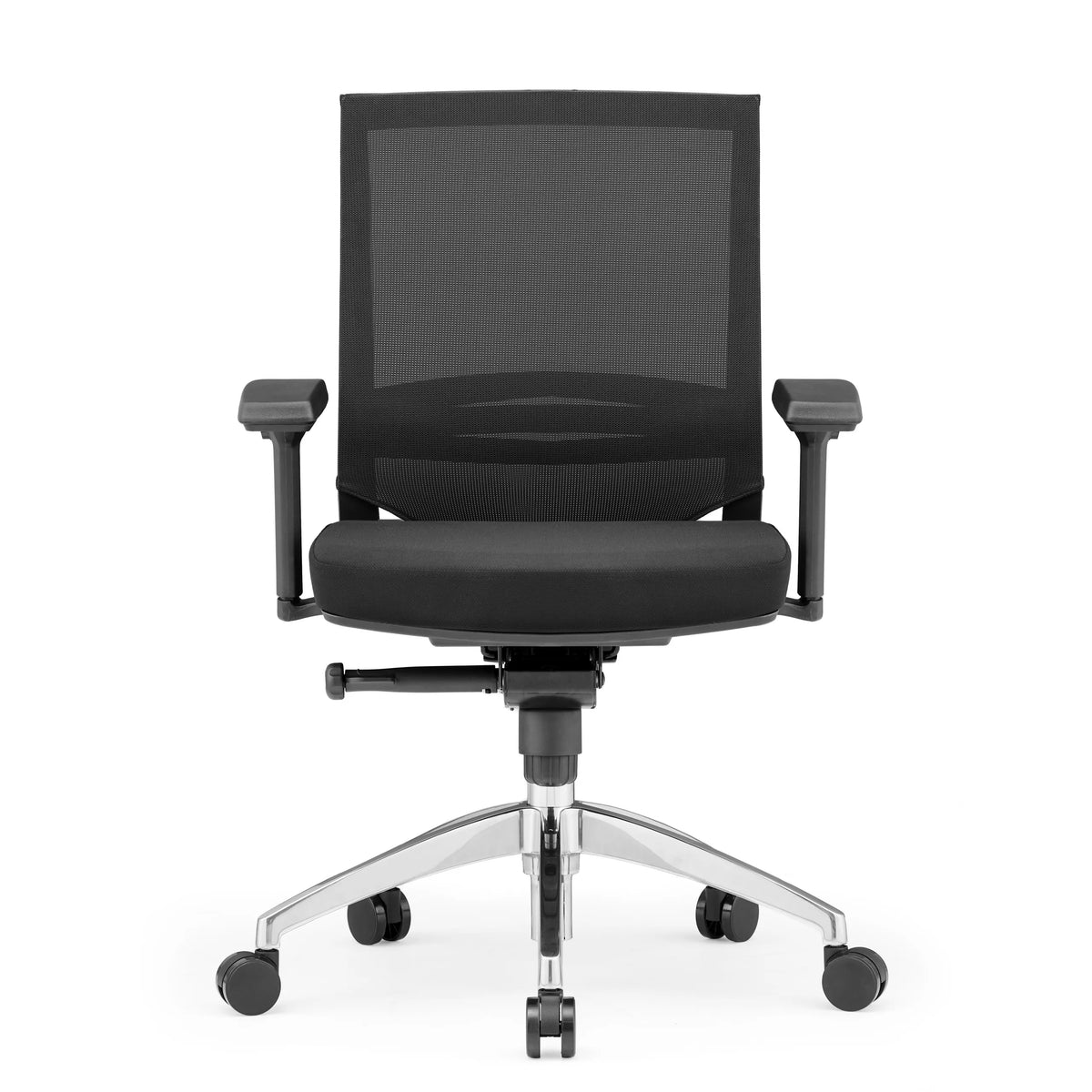 Sort Professionel kontorstol PORTO PRO med netryg og femstjernet fodkryds med hjul fra hjh OFFICE – 360-graders visning (forfra 0°)