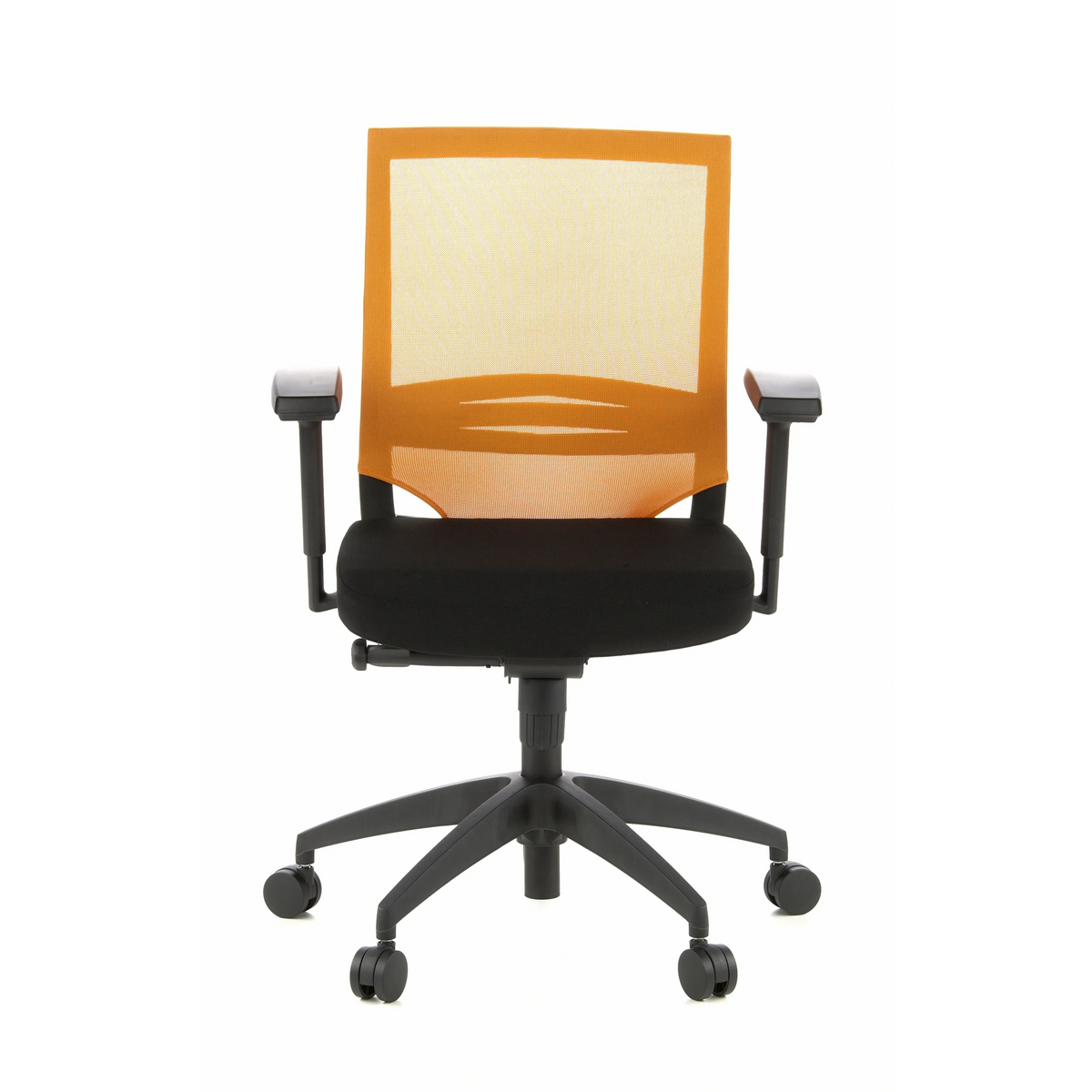 Sort-orange Professionel kontorstol PORTO BASE med netryg og femhjulet fodkryds fra hjh OFFICE – 360-graders visning (forfra 0°)