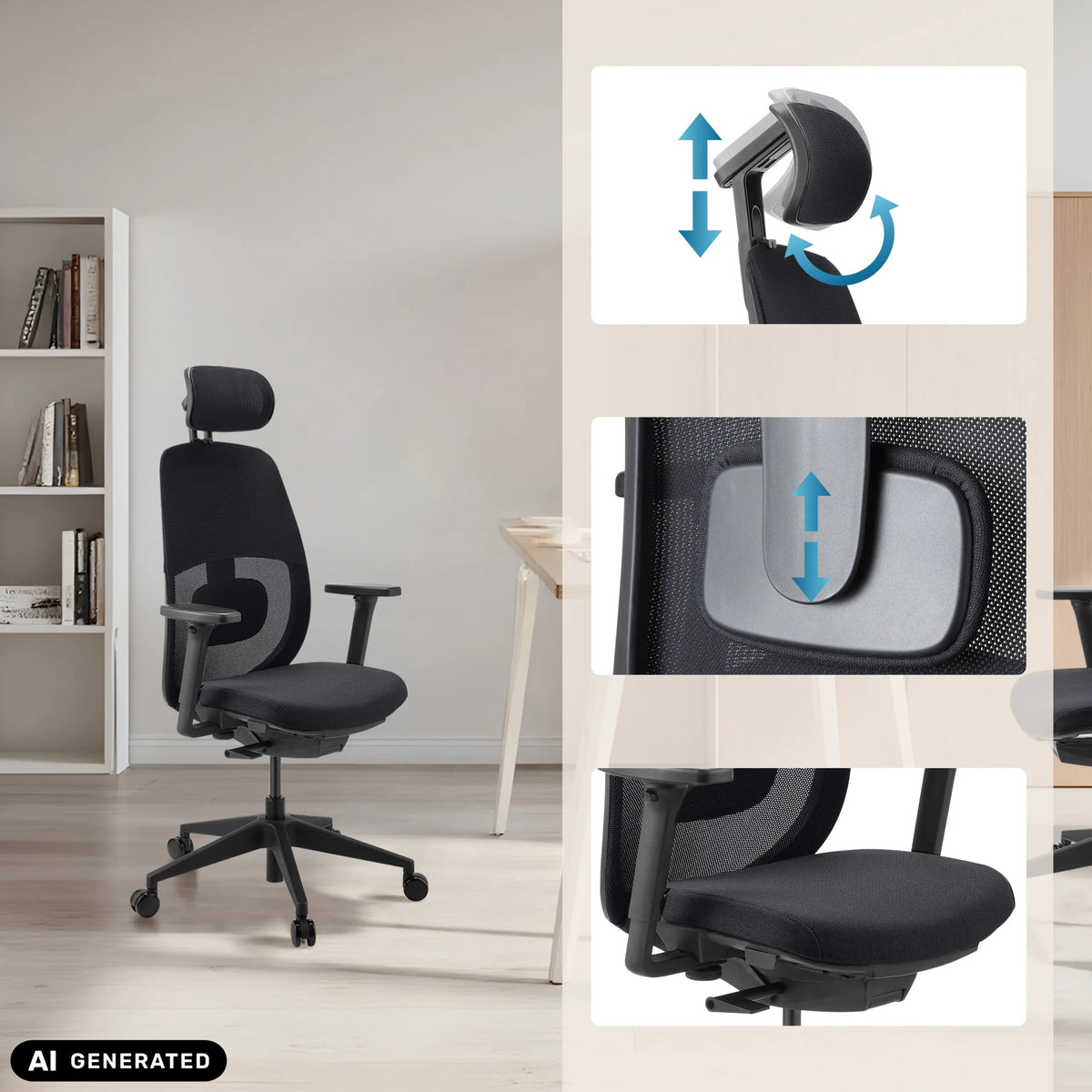 Justerbar nakkestøtte og lændestøtte på den professionelle kontorstol Skandis Pro fra hjh OFFICE (AI-genereret billede)