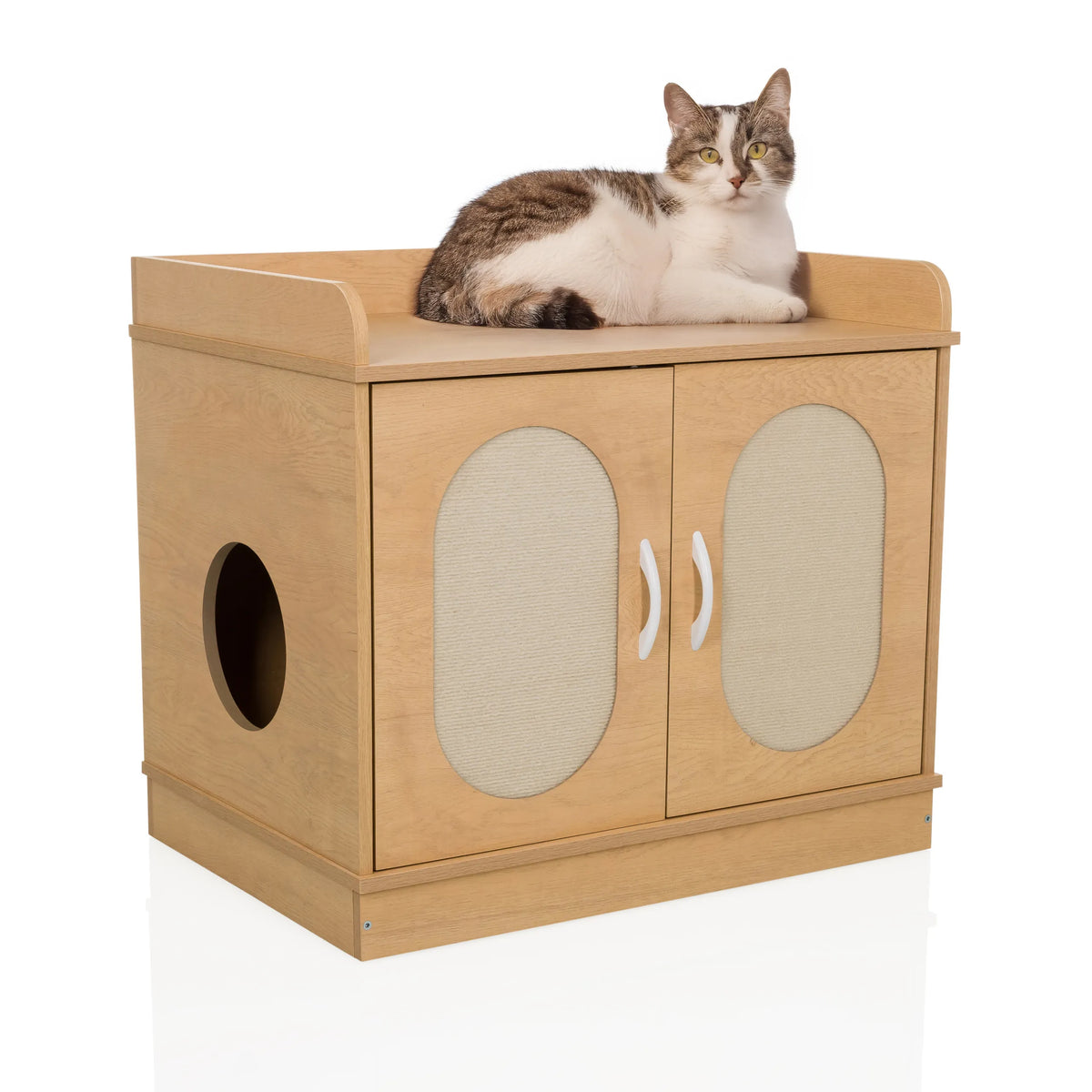Kattehus KITTYHOME 2 i bøg-look med to døre, sideindgang og en kat på overfladen fra hjh LIVING