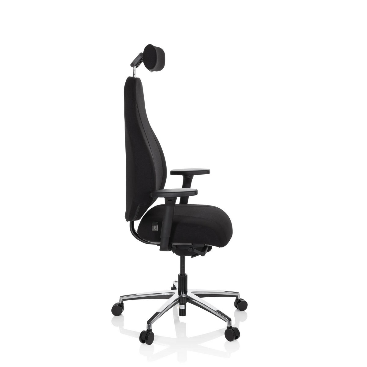 Sort High End kontorstol RESISTIO med nakkestøtte og femhjulet fodkryds fra hjh OFFICE – 360-graders visning (sideprofil 80°)